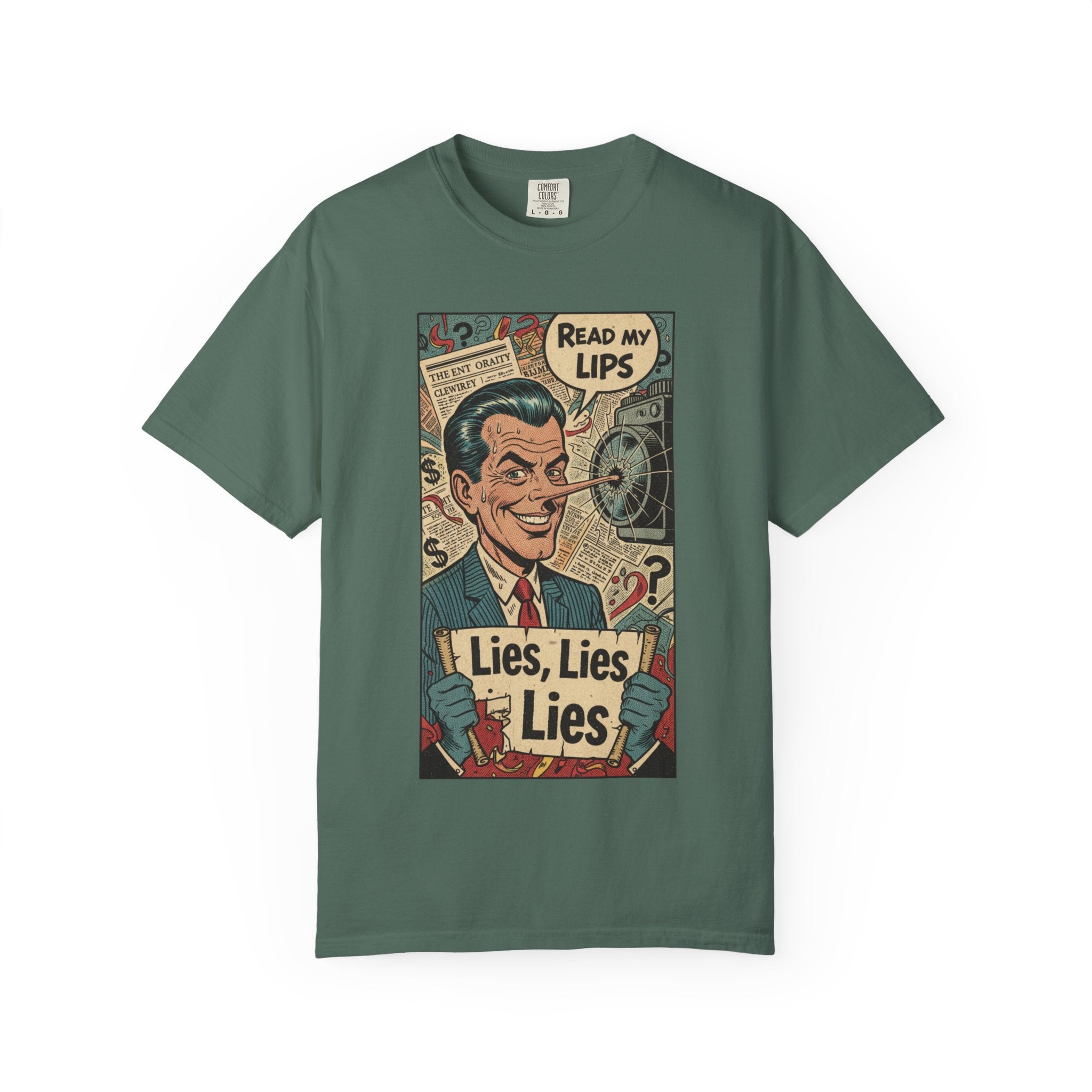 Lies Lies Lies T-Shirt - Read My Lips Satire Tee - Funny Pinocchio Political Shirt - Vintage Comic Graphic - Sarcastic Truth Tee Blue Spruce