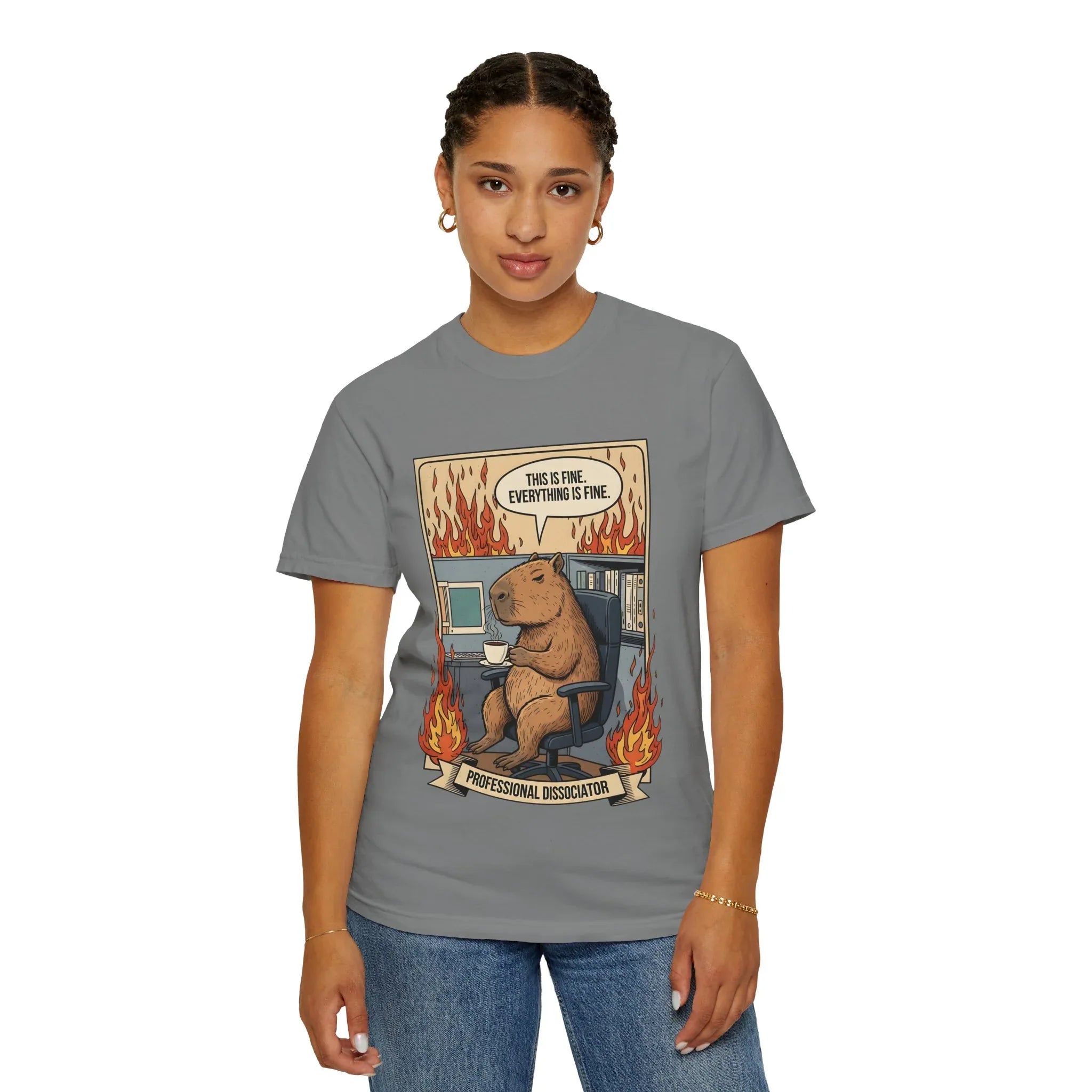 Funny Capybara Shirt - "This Is Fine" Meme Hoodie - Professional Dissociator Gift - Office Humor Graphic Tee - Anxiety & Mental Health Crewneck - Cute Chill Rodent Top