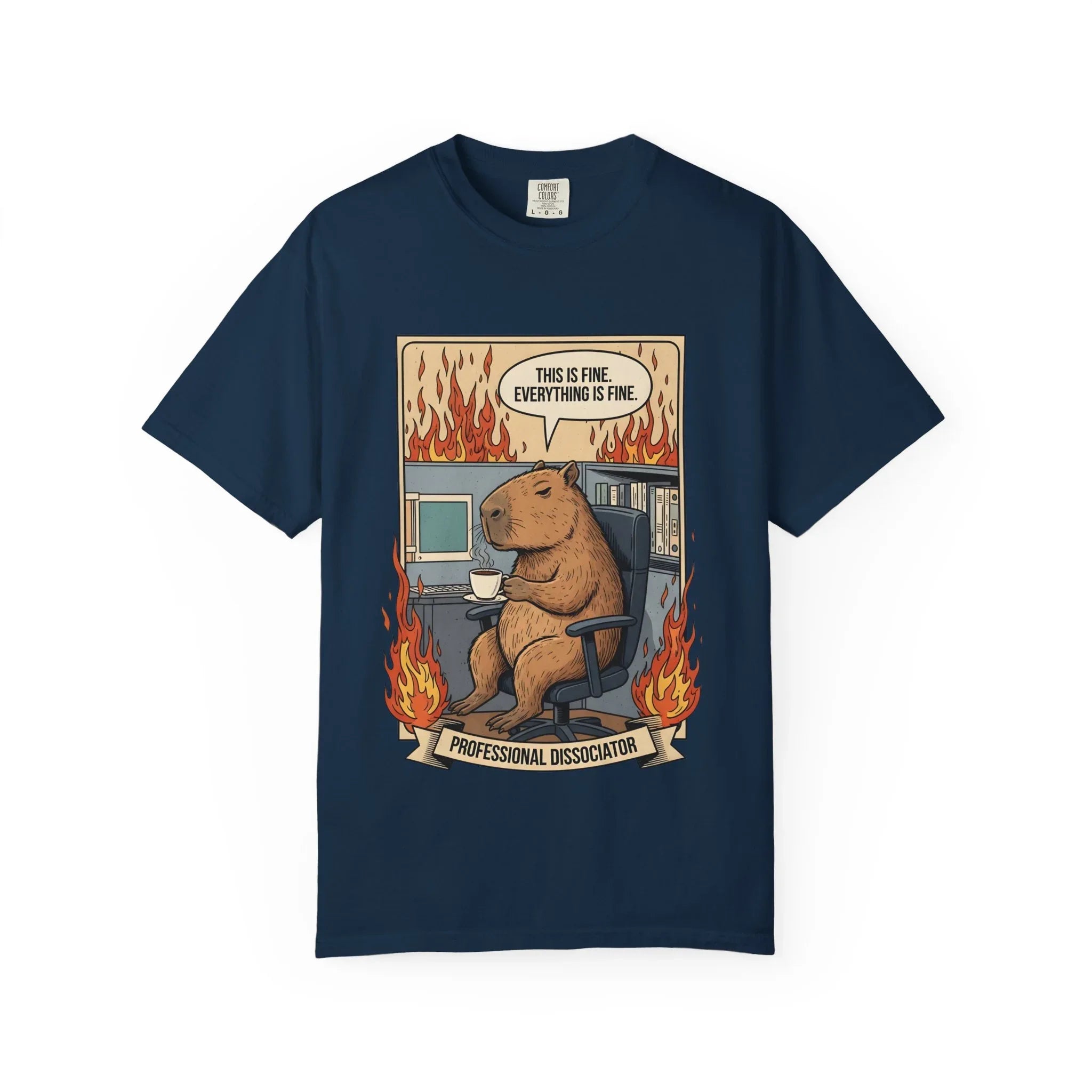 Funny Capybara Shirt - "This Is Fine" Meme Hoodie - Professional Dissociator Gift - Office Humor Graphic Tee - Anxiety & Mental Health Crewneck - Cute Chill Rodent Top True Navy