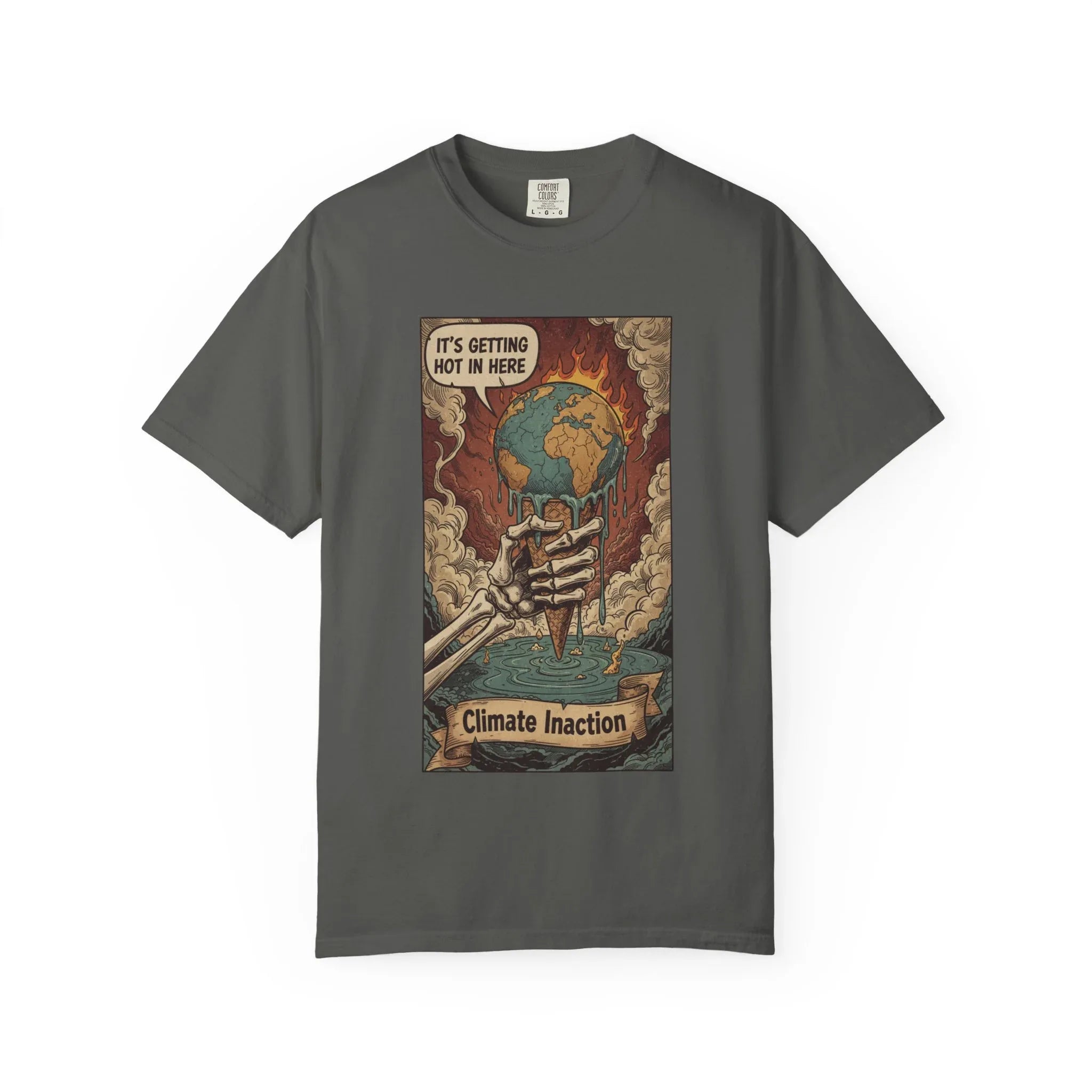 Climate Inaction Melting Earth Shirt - Global Warming Satire Tee - Skeleton Hand Vintage Graphic - Environmental Activist Gift - Retro Distressed Planet Earth T-Shirt Pepper