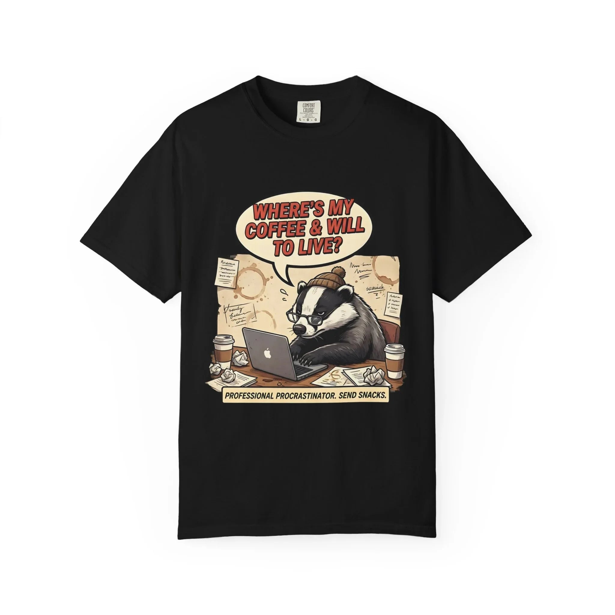 Where's My Coffee and Will to Live Badger T-Shirt | Procrastination Coffee Design | Funny Freelancer Gift | Vintage Sarcastic Humor Tee Black