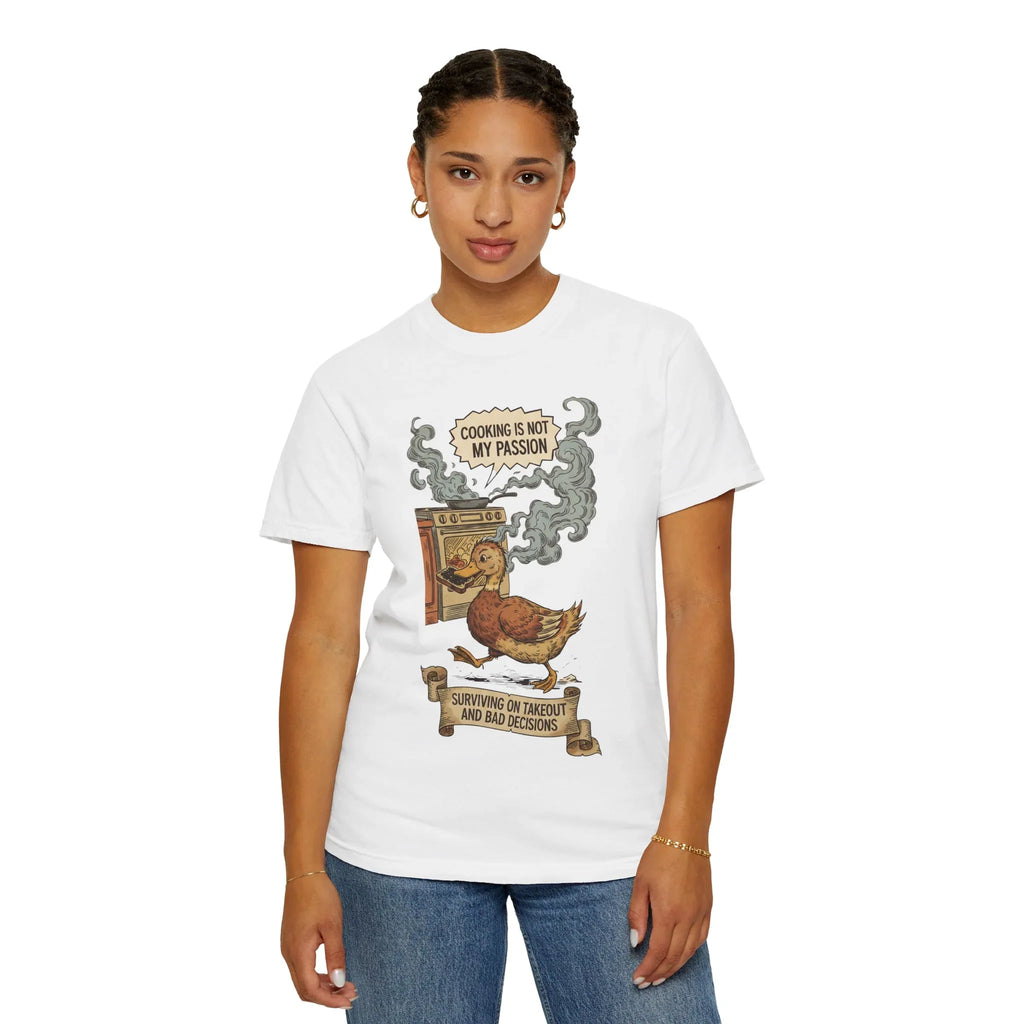 Funny Cooking Duck Shirt - "Cooking Is Not My Passion" Tee - Bad Cook Kitchen Fail Gift - Retro Duck Meme T-Shirt - Humorous Home Chef Gift for Mom & Dad