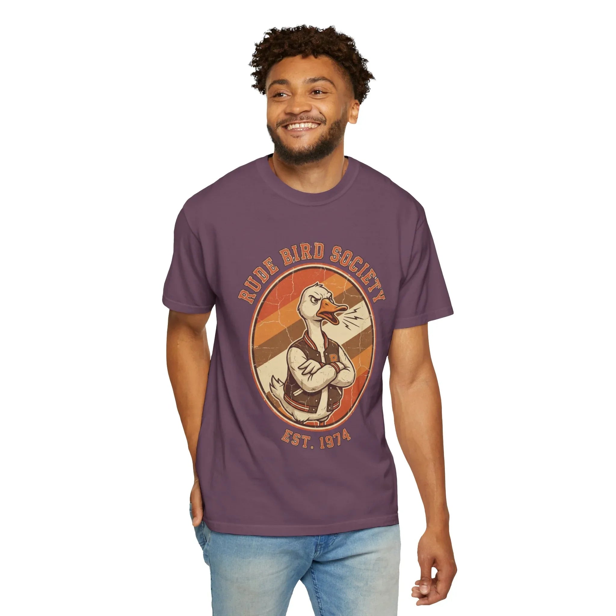 Dude Bird Society Goose T-Shirt | Retro Vintage Badge Est 1974 | Sunset Stripes Graphic | Garment-Dyed Heavyweight Unisex Berry M