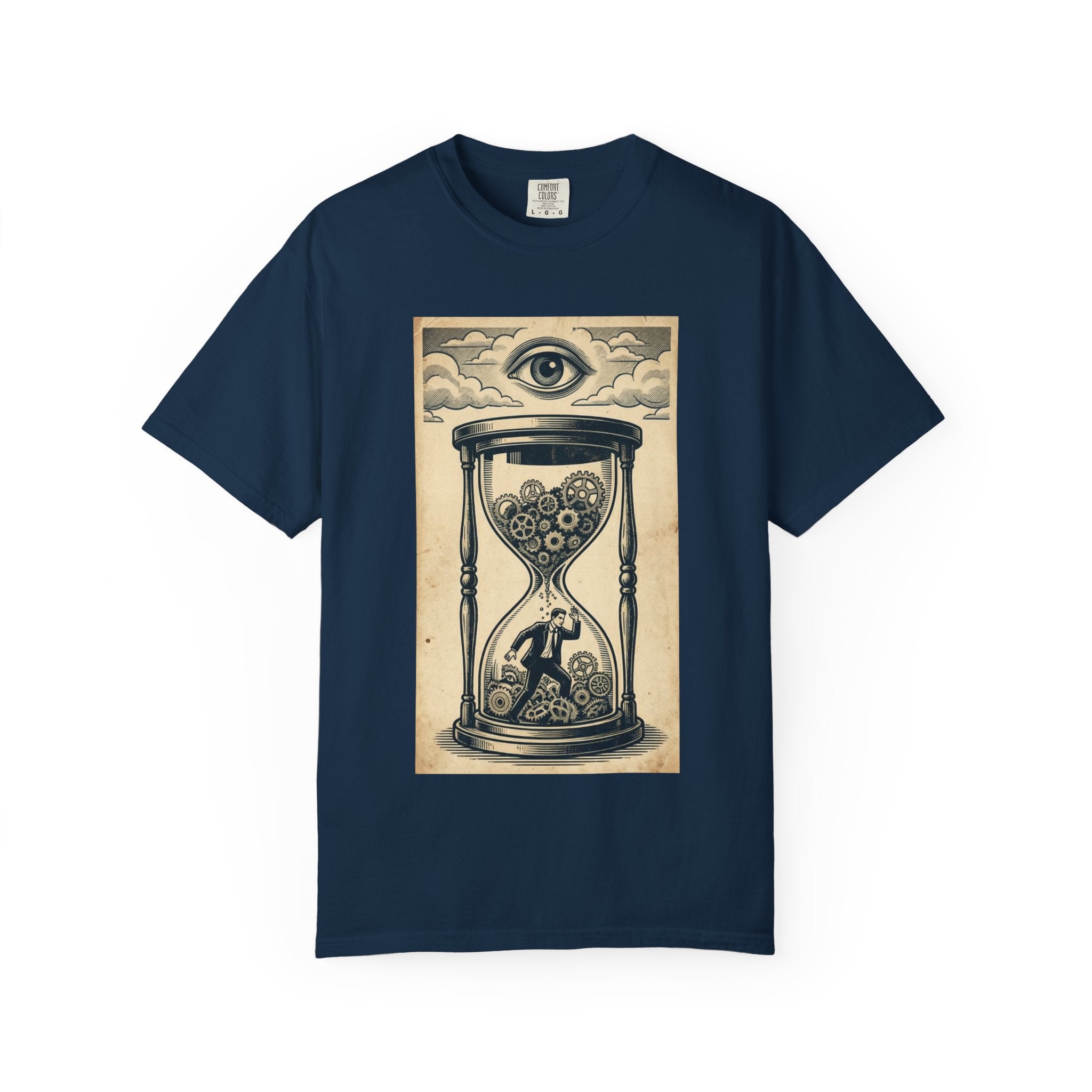 Vintage Dystopian Surrealism Shirt, All Seeing Eye Retro Graphic Tee, Dark Academia Clothing, Steampunk Gear T-Shirt, Gift for Philosophy Lovers, Oversized Unisex Corporate Satire Apparel True Navy