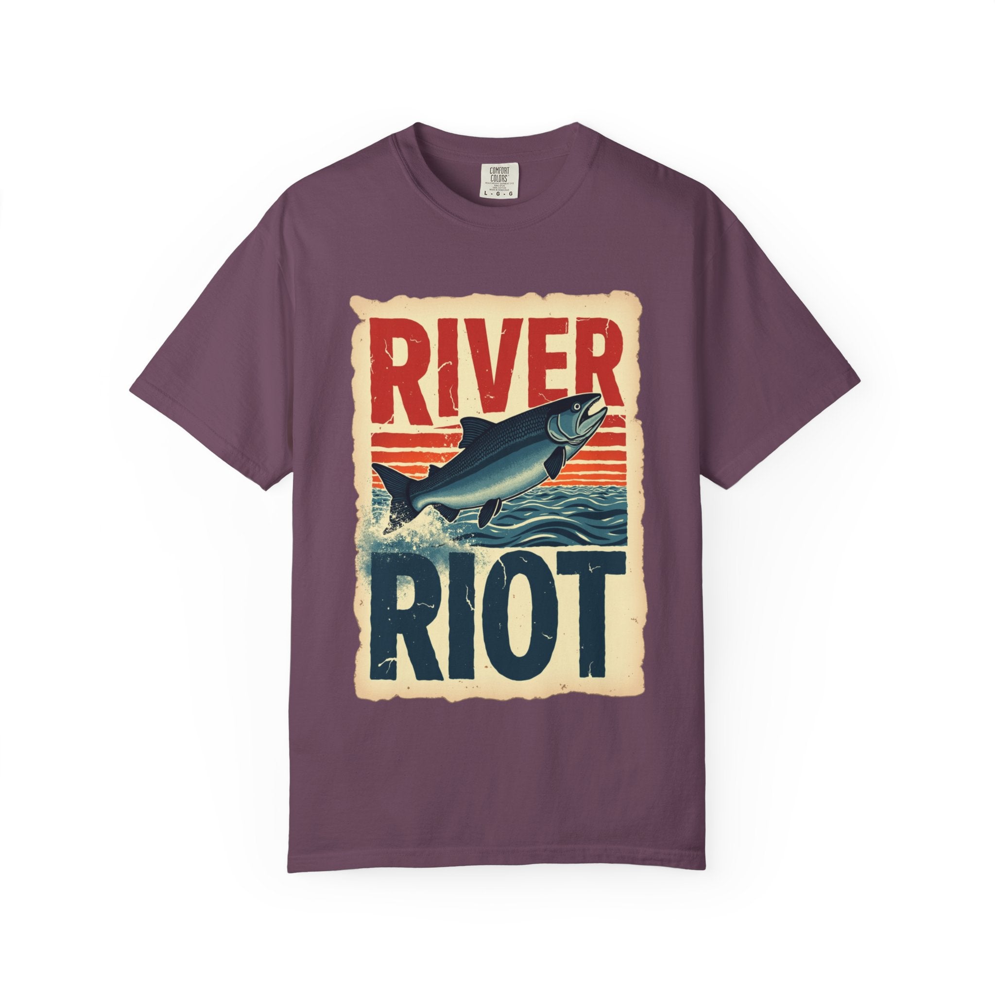 River Riot Salmon T-Shirt, Retro Fishing Graphic Tee, Vintage Fish Poster Design, Leaping Salmon Sunburst Stripes, Unisex Garment-Dyed Berry M