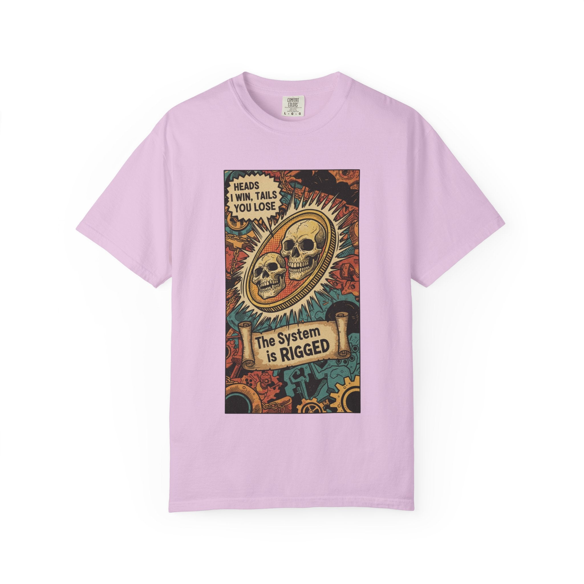 The System Is Rigged T-Shirt - Vintage Satirical Skull Coin Graphic - Dark Humor Chess Knight Pawn Tee - Retro Propaganda Streetwear Orchid