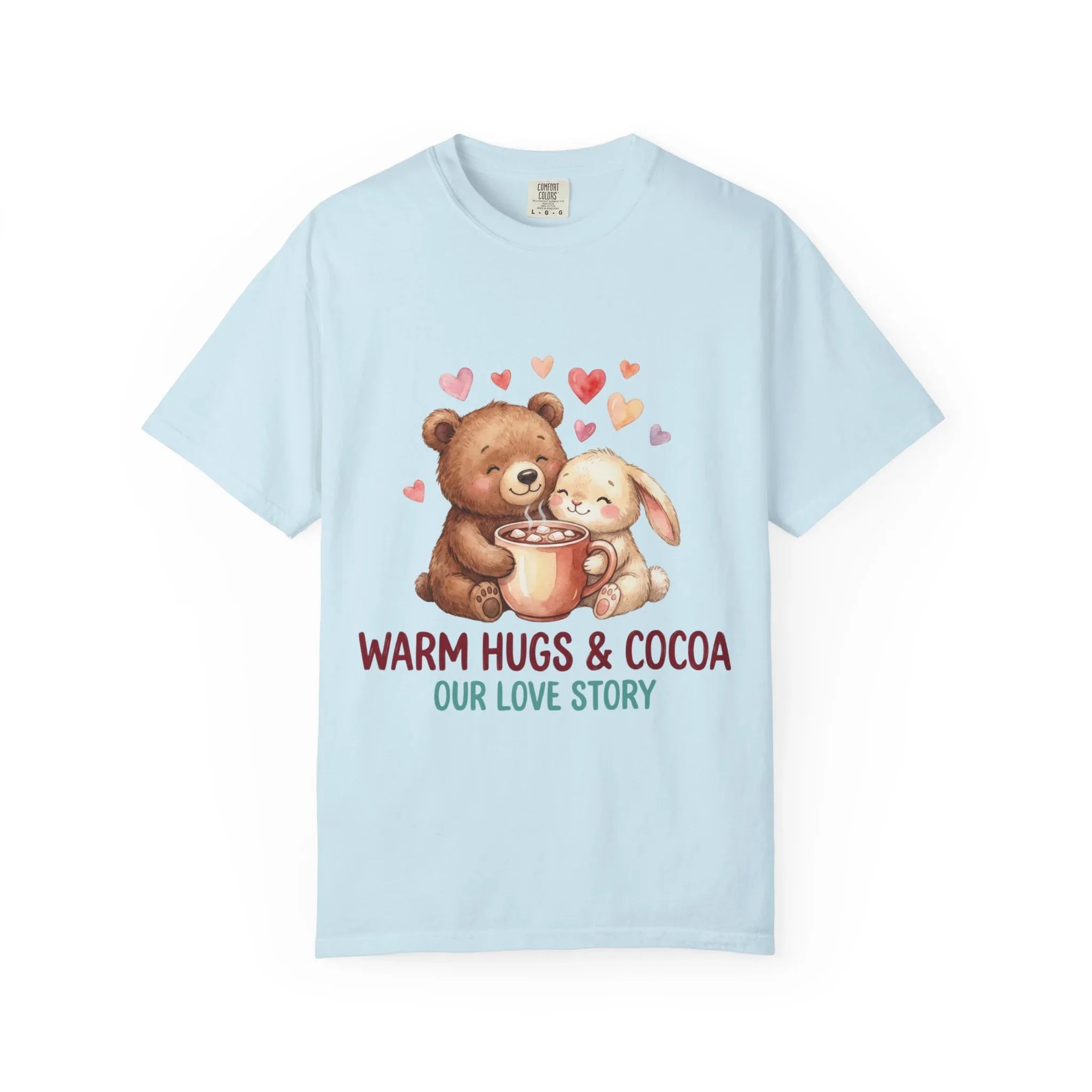 Warm Hugs and Cocoa Our Love Story T-Shirt | Bear Bunny Illustration | Cozy Winter Valentine Gift | Soft Vintage Storybook Tee Chambray