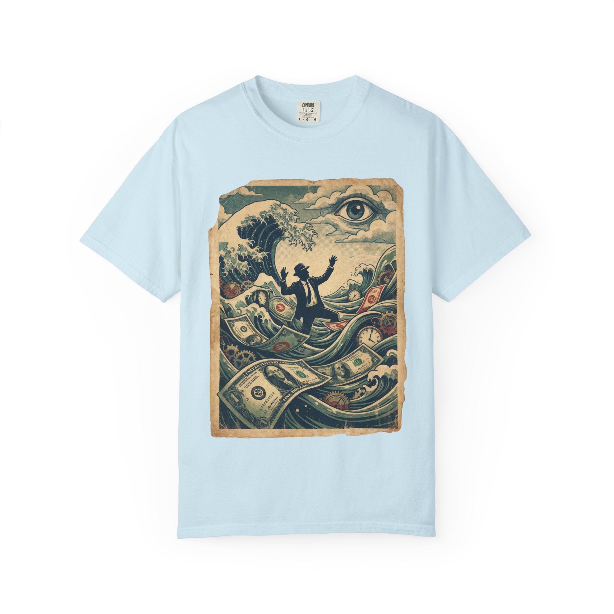 Vintage Dystopian Debt Shirt, All-Seeing Eye Surreal Art Tee, Corporate Overload Graphic, Dark Academia Aesthetic, Gift for Economists, Philosophy Satire Unisex T-Shirt Chambray