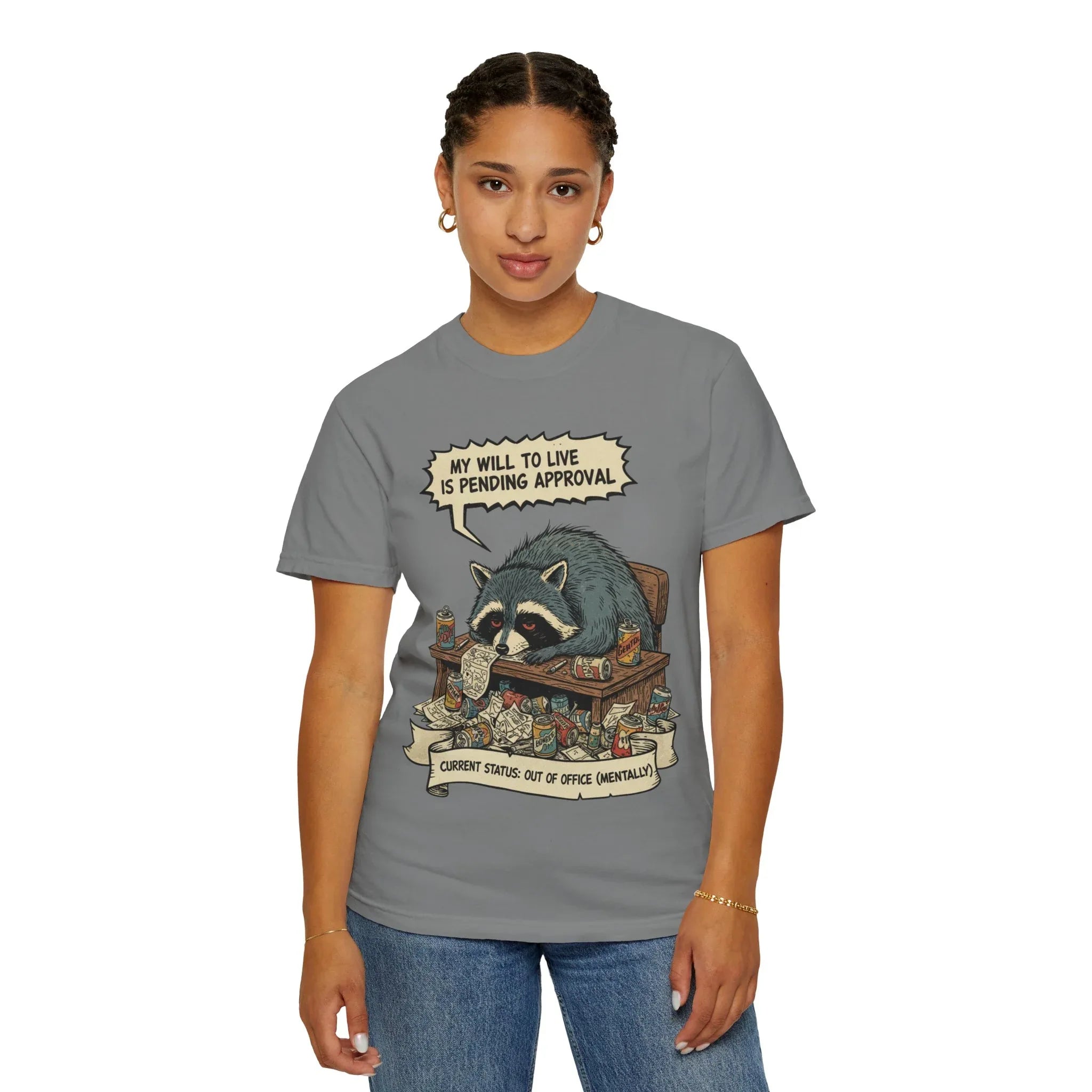 Funny Raccoon Out of Office Shirt - Mentally Checked Out Corporate Burnout Tee - Sarcastic Trash Panda T-Shirt - Relatable Office Worker Gift - Pending Approval Mood T-shirt Grey