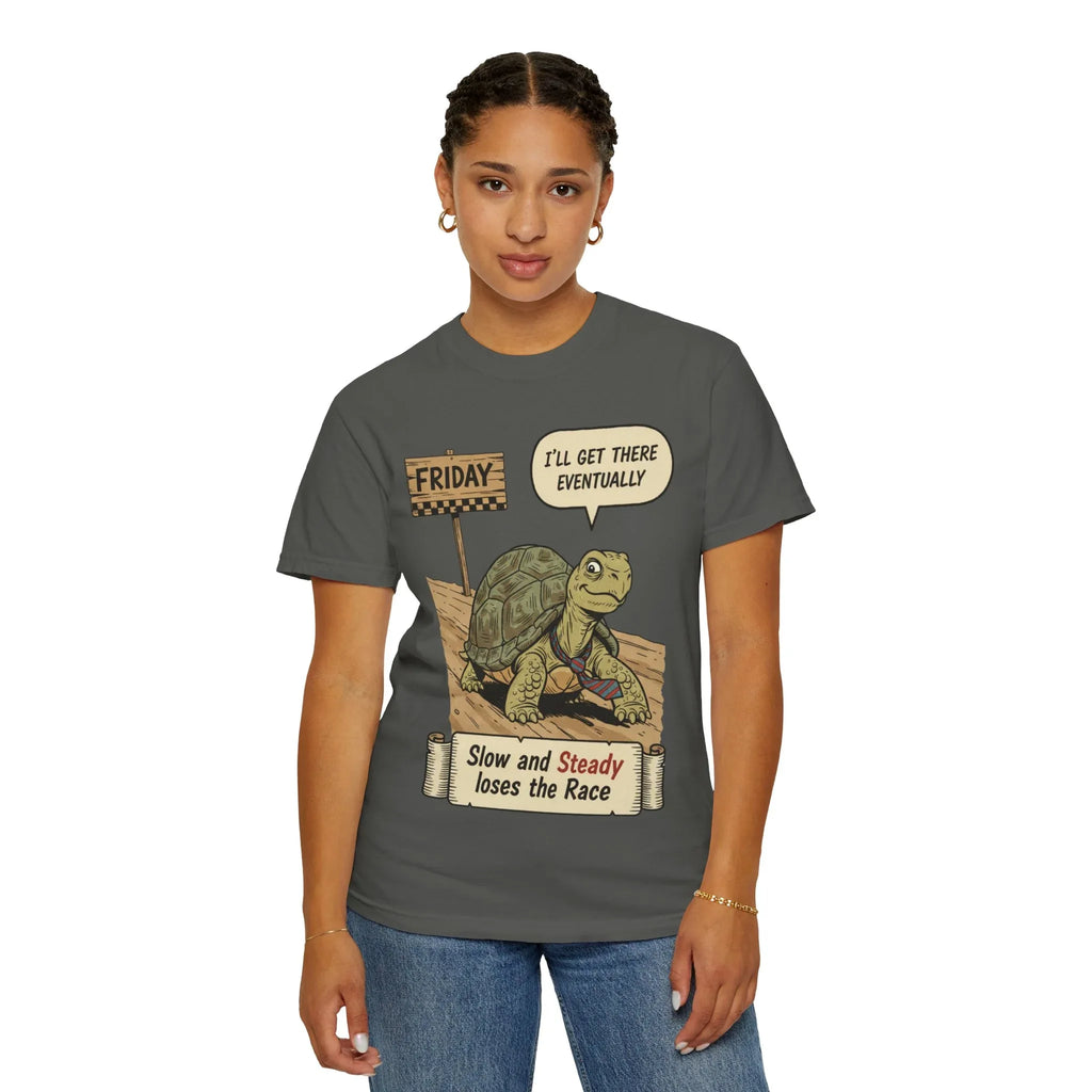 Funny Friday Shirt - Office Humor Gift for Coworker - Turtle Lover Tee - "Slow and Steady Loses the Race" - Retro Weekend Vibes - Work Bestie Gift - Tired Professional Top