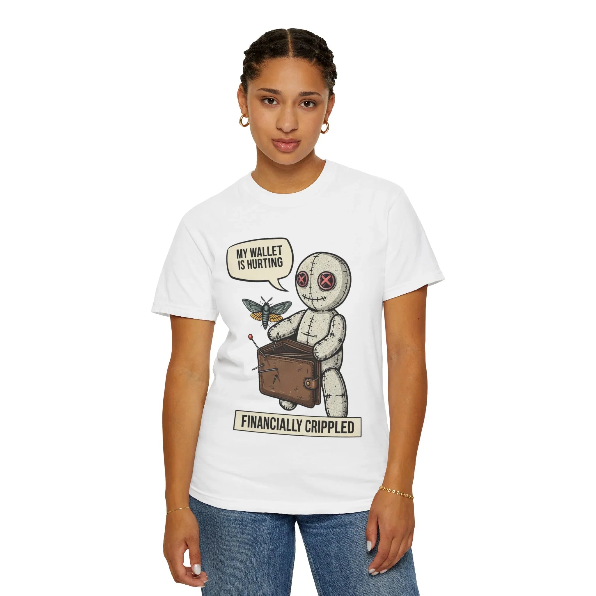 Funny Voodoo Doll Broke Life Shirt - Sarcastic "Financially Crippled" Graphic Tee - Retro Dark Humor Wallet T-Shirt - Vintage Aesthetic Streetwear Gift - Relatable Financial Struggle Mood Shirt