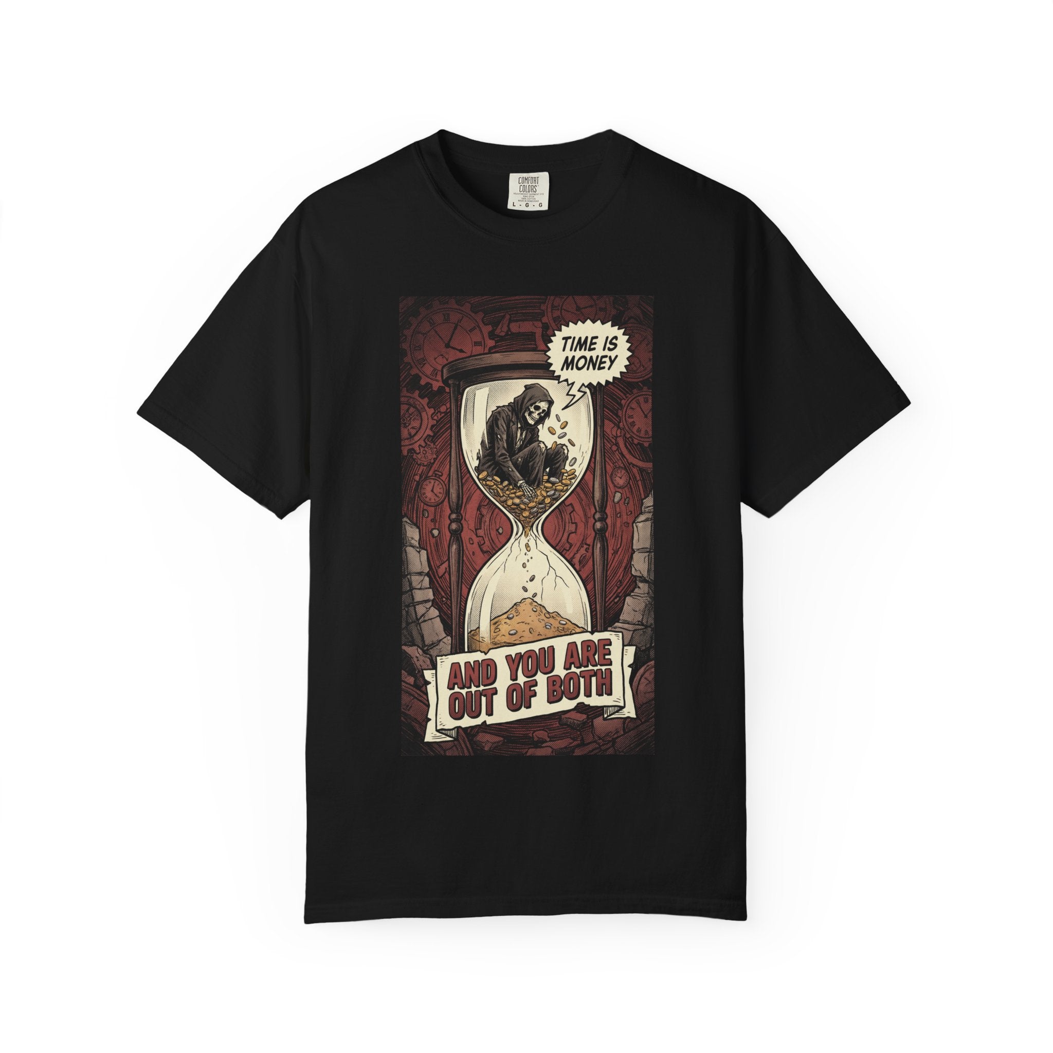 Time Is Money Shirt, Out of Both Grim Reaper Tee, Sarcastic Financial Satire Shirt, Vintage Grunge Hourglass Apparel, Dark Humor Philosophy Gift Black