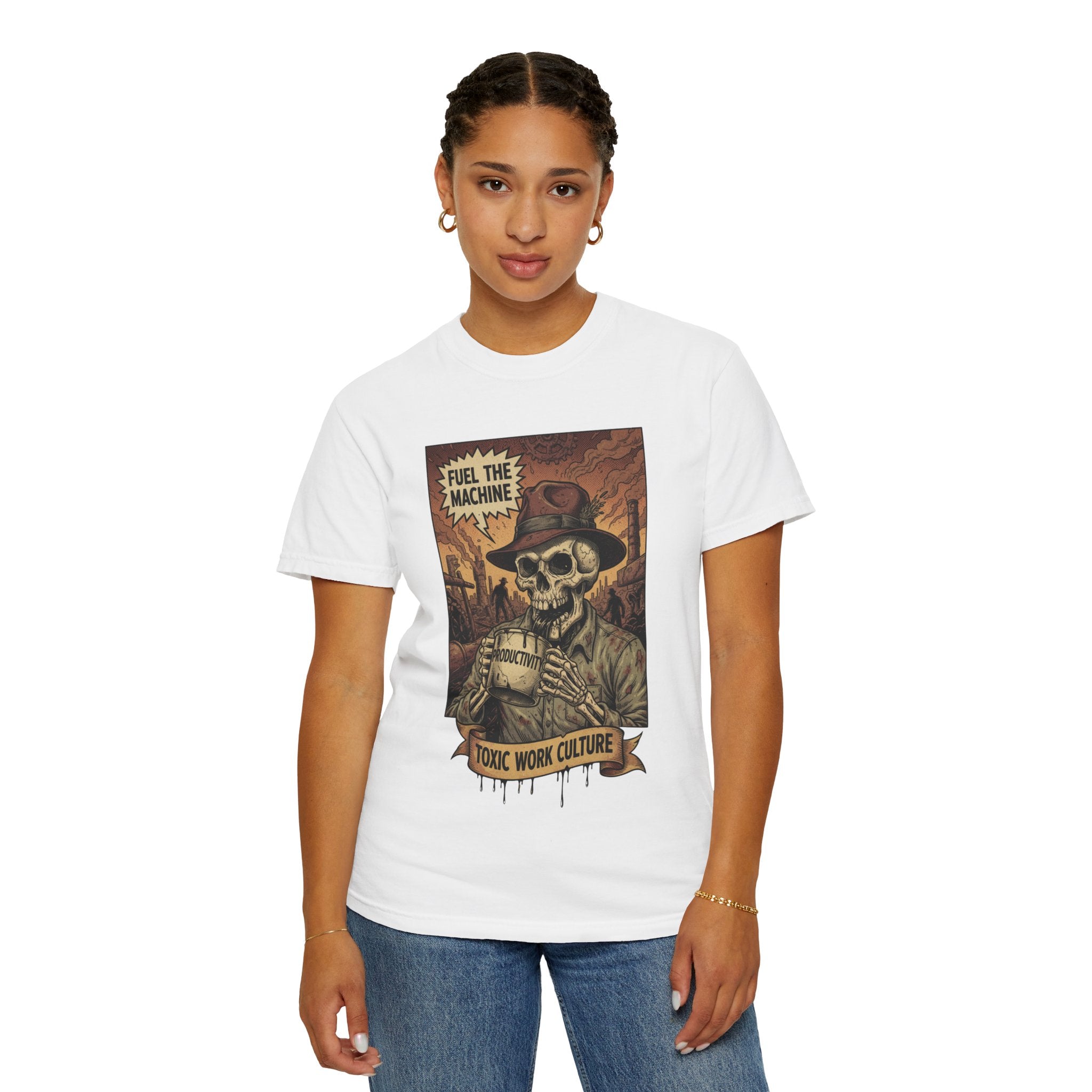 Fuel The Machine Shirt Vintage Skeleton Graphic Tee Anti Work Culture Satire Gift Funny Productivity Burnout T-Shirt Retro Industrial Grunge