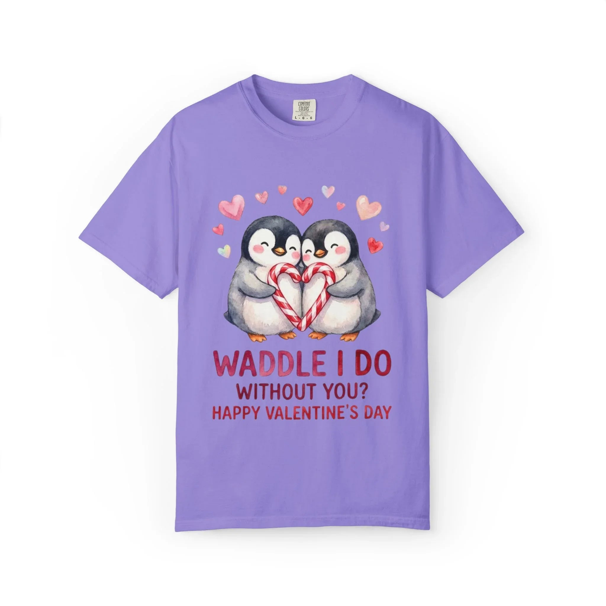 Valentine Penguin Couple Candy Hearts T Shirt Waddle I Do Without You Watercolor Cozy Vintage Aesthetic Gift Lovers Soft Cotton Romantic Tee Violet