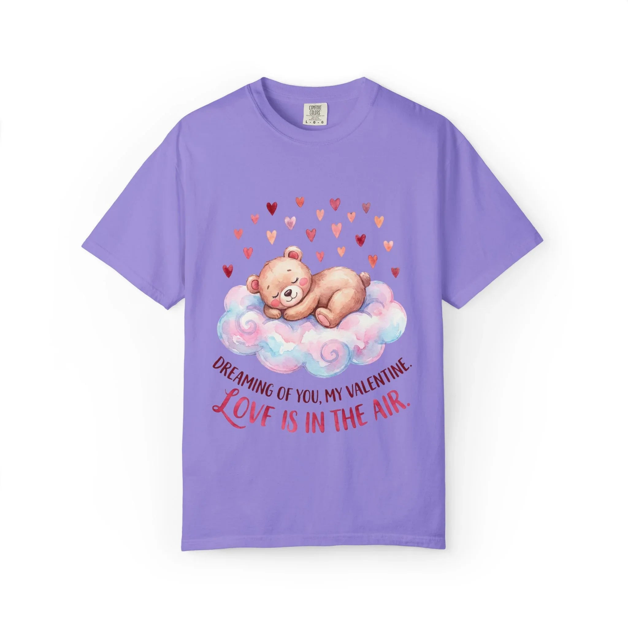 Dreams of You Valentine Bear T Shirt Cute Fluffy Teddy Cloud Hearts Watercolor Cozy Vintage Aesthetic Gift Lovers Soft Cotton Romantic Tee Violet