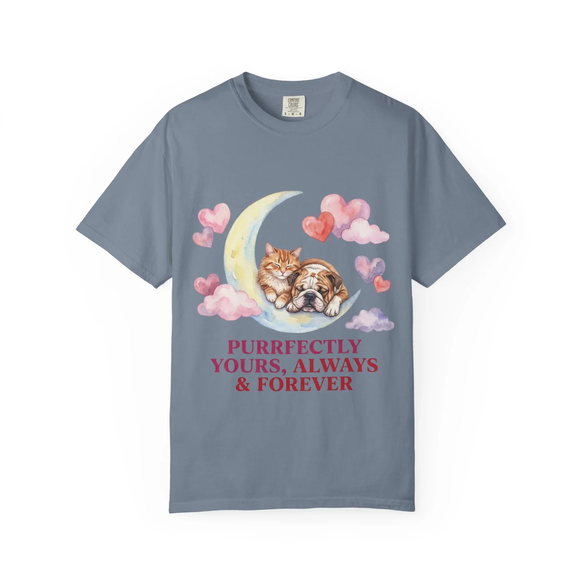 Purrfectly Yours Cat Dog Moon T Shirt Cute Pet Friends Hearts Watercolor Cozy Vintage Aesthetic Gift Pet Lovers Soft Cotton Romantic Tee Blue Jean