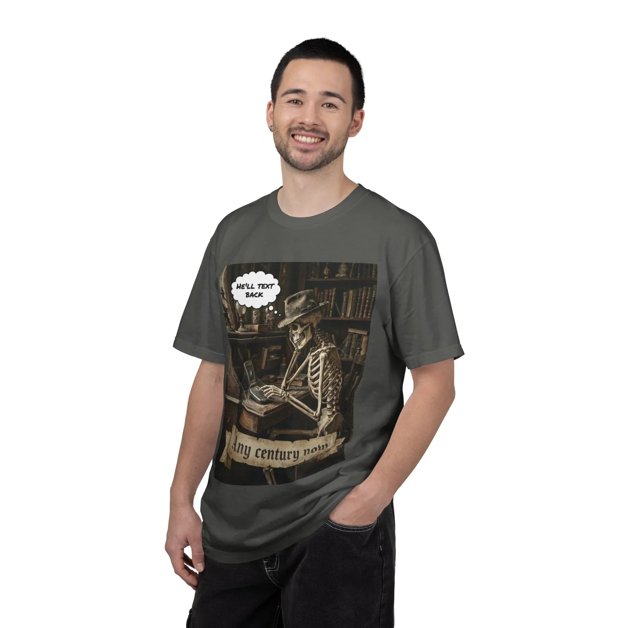 Any Century Now" Skeleton Graphic Tee - Funny Ghosted Dark Humor Streetwear