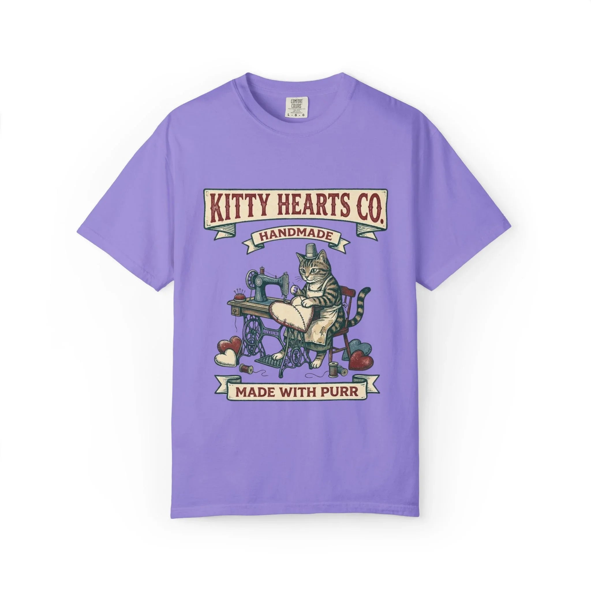 Kitty Hearts Co T-Shirt | Vintage Sewing Cat Made With Purr Graphic Tee | Retro Craft Cat Lover Gift Shirt Violet