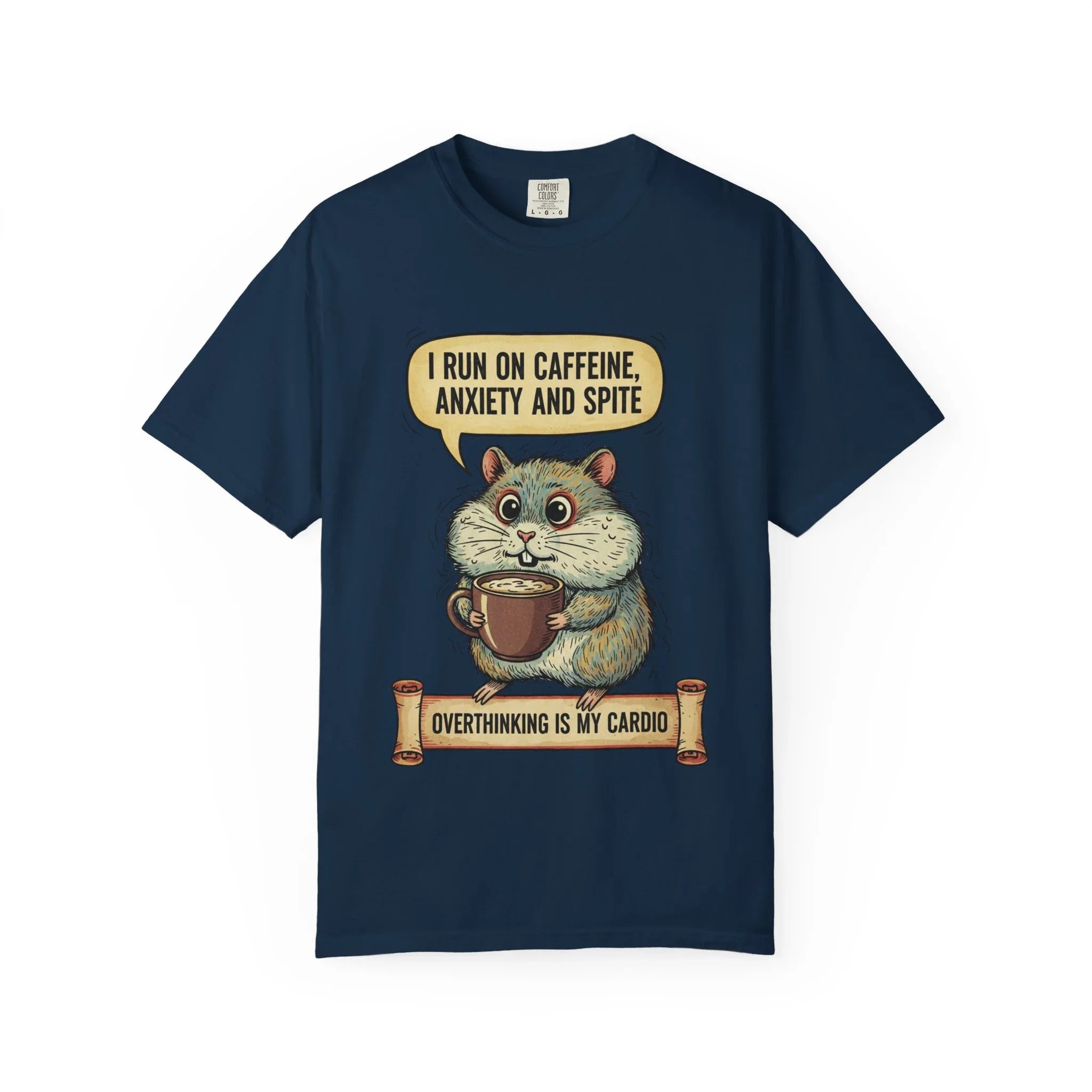 Funny Hamster Coffee Shirt - "Overthinking is My Cardio" T-Shirt - Caffeine Anxiety and Spite Gift - Sarcastic Mental Health Tee - Retro Jittery Hamster Graphic Top True Navy