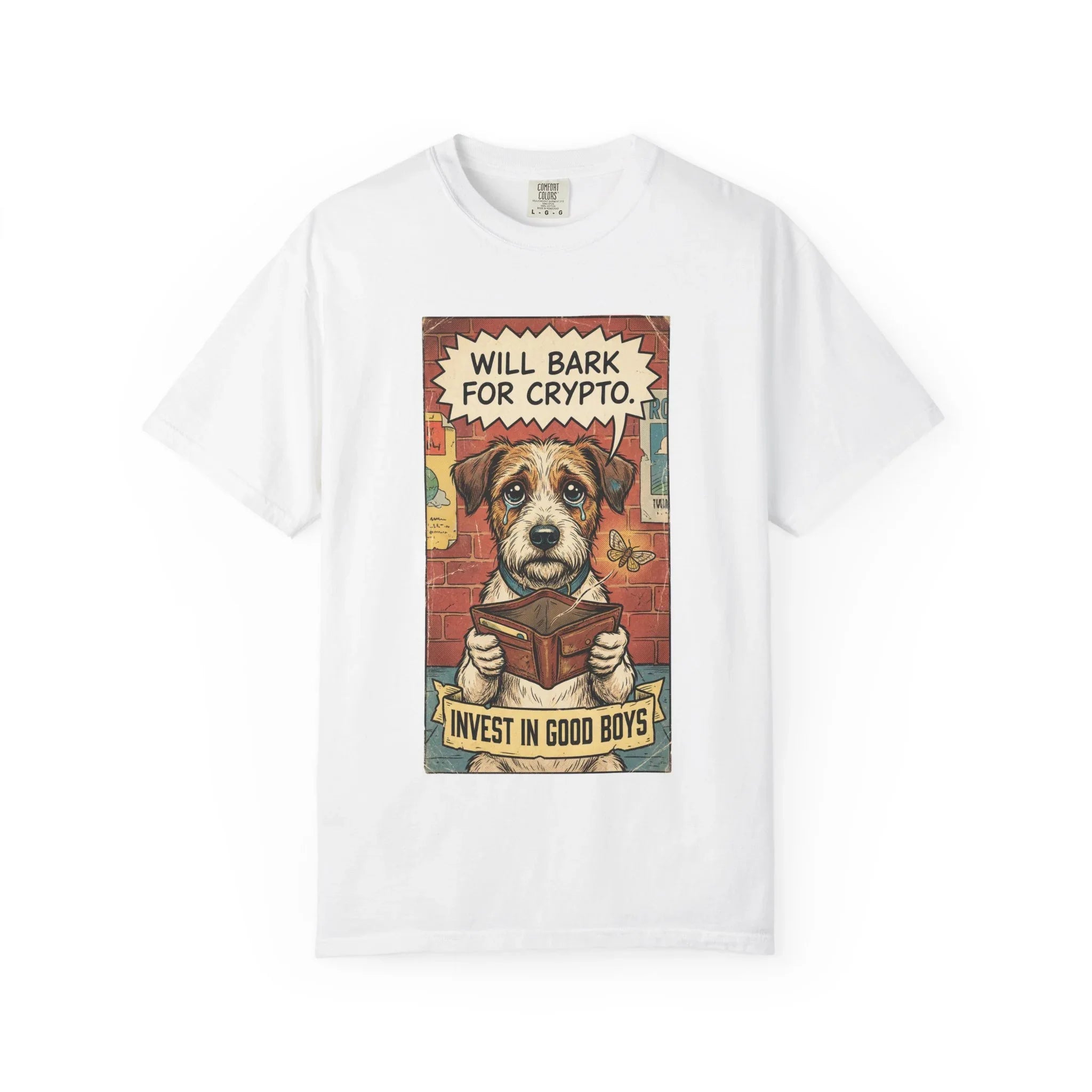 Funny Crypto Dog Shirt - Vintage Dogecoin Bitcoin Investor Gift - "Will Bark for Crypto" Graphic Tee - Retro Satirical Meme Clothing - HODL & Buy the Dip T-Shirt