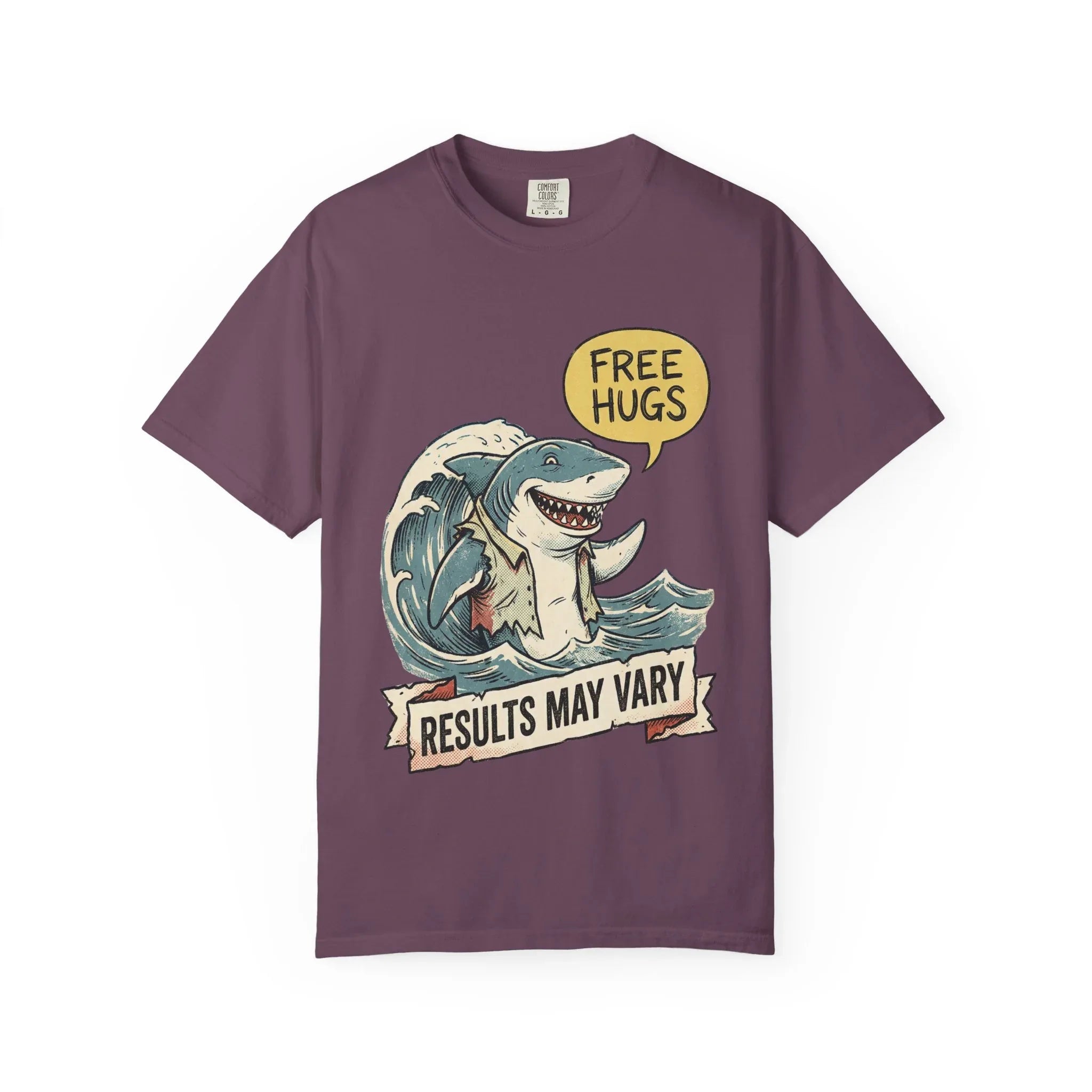 Vintage Shark Shirt - Funny "Free Hugs" T-Shirt - Dark Humor Gift - Retro Graphic Tee - Sarcastic Ocean Lover Top - Grunge Style Animal Apparel Berry M