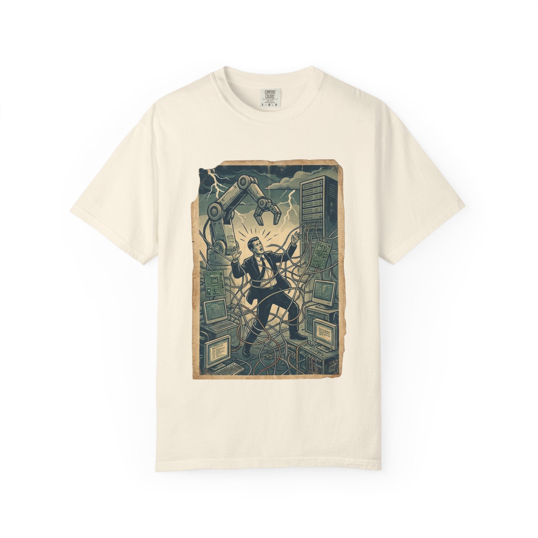 Vintage Dystopian Work Overload Shirt, Retro All-Seeing Eye Tee, Corporate Burnout Graphic, Dark Academia Aesthetic, Gift for Tech Workers, Philosophy Satire Unisex T-Shirt Ivory