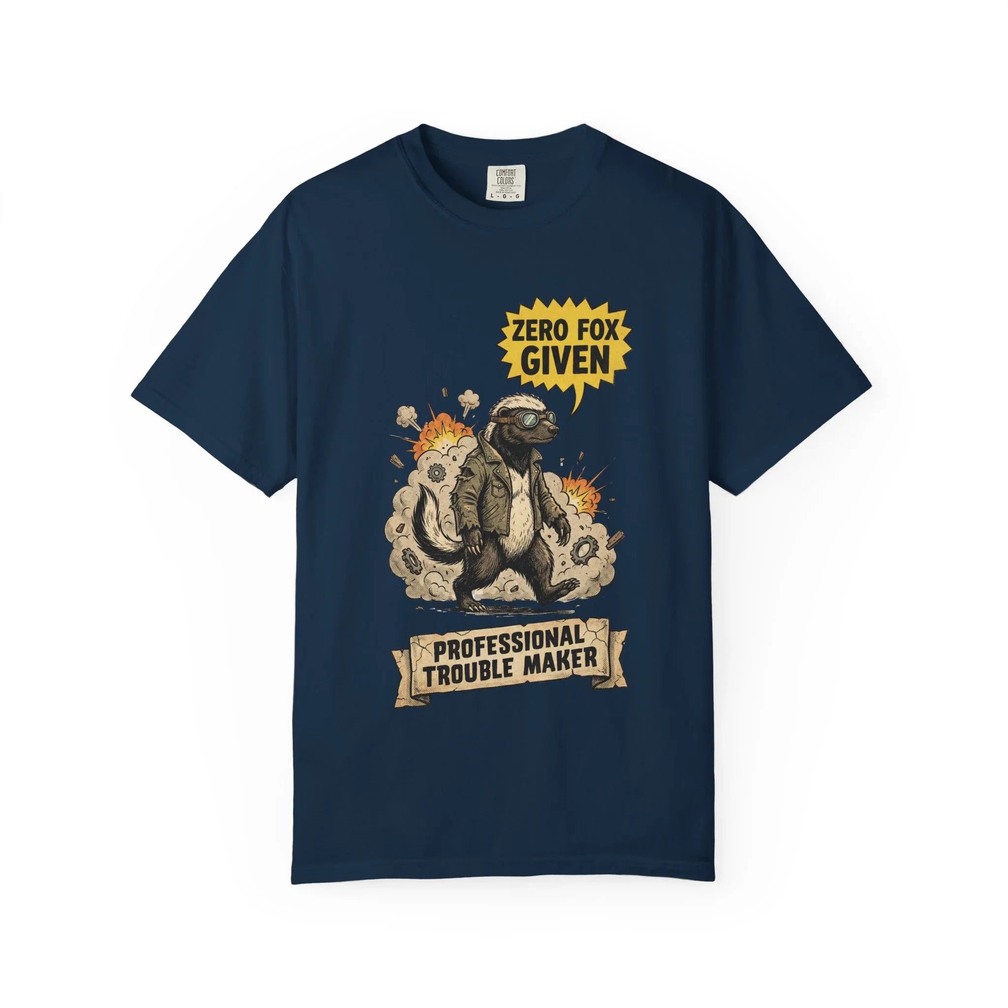 Honey Badger Shirt - "Zero Fox Given" T-Shirt - Professional Trouble Maker - Funny Animal Tee - Vintage Biker Gift - Sarcastic Graphic Top for Rebels True Navy