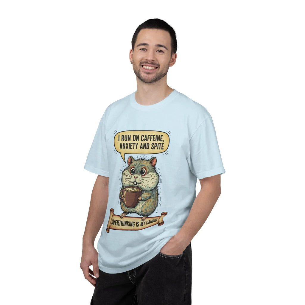 Funny Hamster Coffee Shirt - "Overthinking is My Cardio" T-Shirt - Caffeine Anxiety and Spite Gift - Sarcastic Mental Health Graphic Tee - Retro Jittery Hamster Overthinker Gift