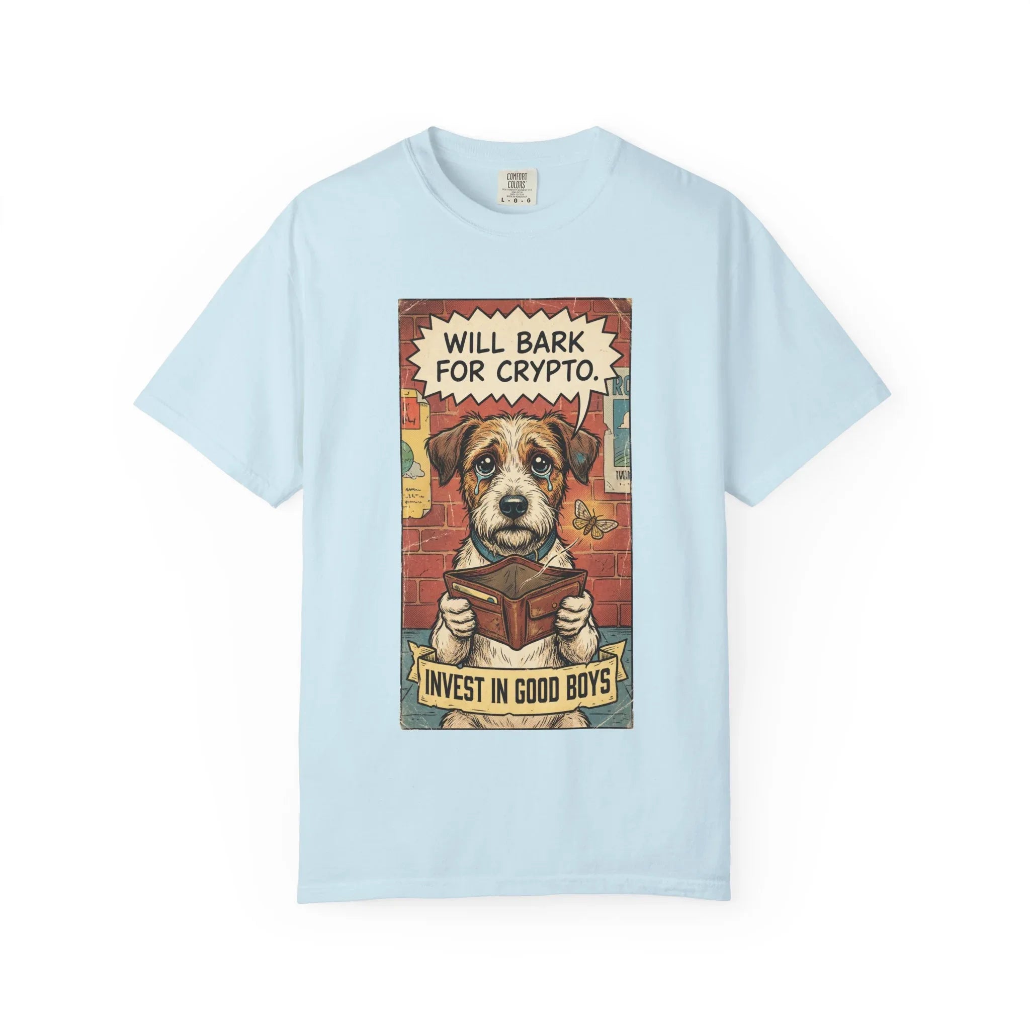 Funny Crypto Dog Shirt - Vintage Dogecoin Bitcoin Investor Gift - "Will Bark for Crypto" Graphic Tee - Retro Satirical Meme Clothing - HODL & Buy the Dip T-Shirt Chambray