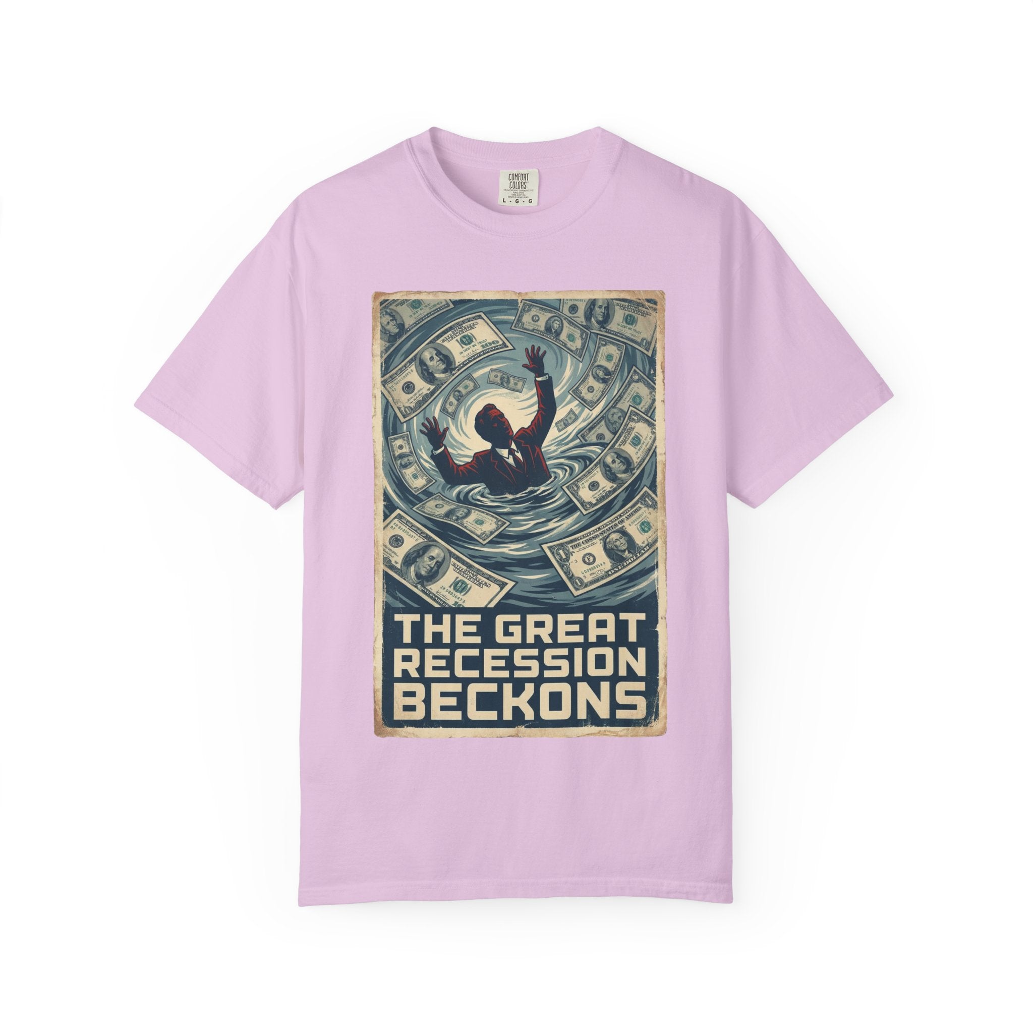 💰The Great Recession Beckons T-Shirt - Vintage Retro Propaganda Art - Economic Satire Tee - Distressed Financial Crisis Shirt - Aesthetic Streetwear Orchid