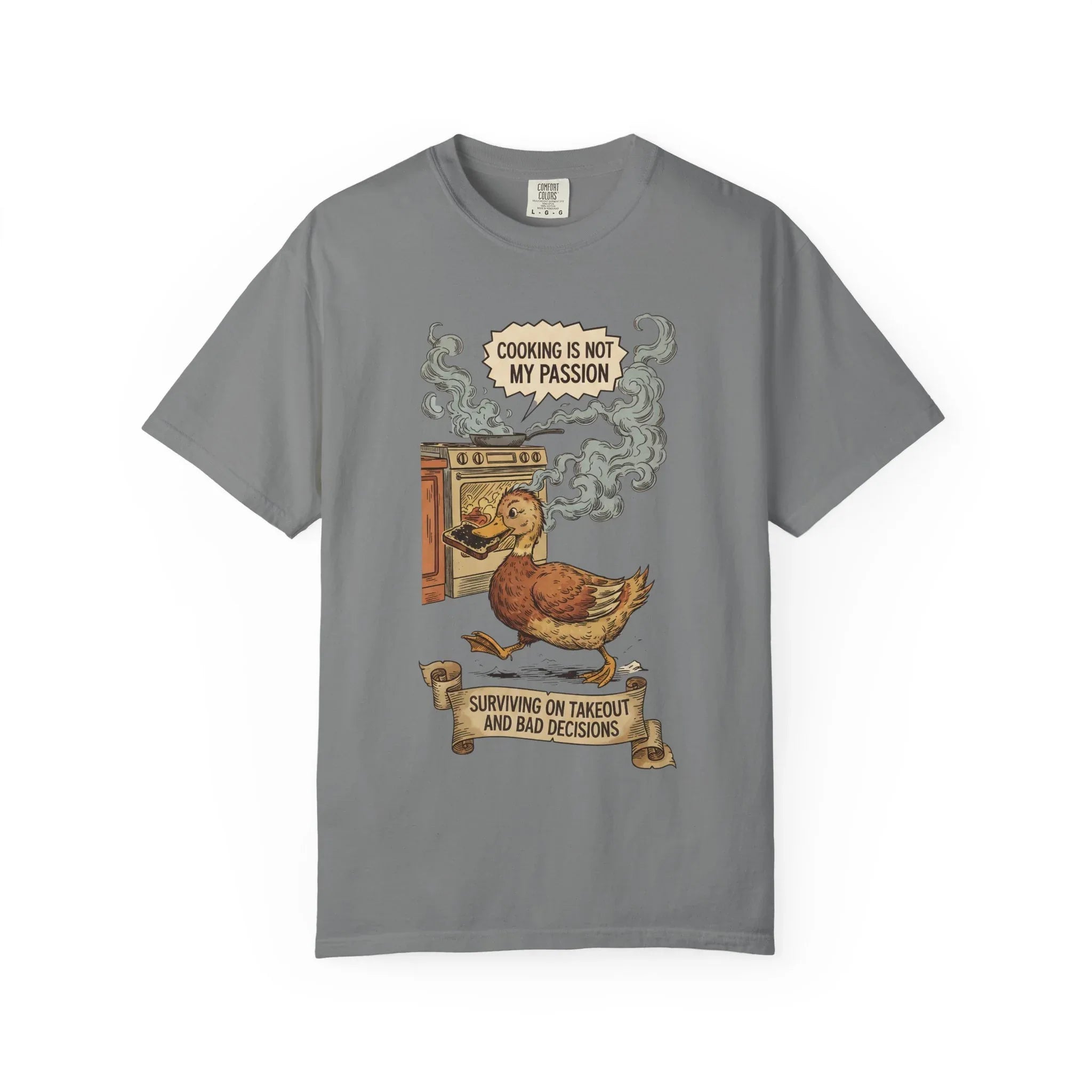 Funny Cooking Duck Shirt - "Cooking Is Not My Passion" Tee - Bad Cook Kitchen Fail Gift - Retro Duck Meme T-Shirt - Humorous Home Chef Gift for Mom & Dad Grey