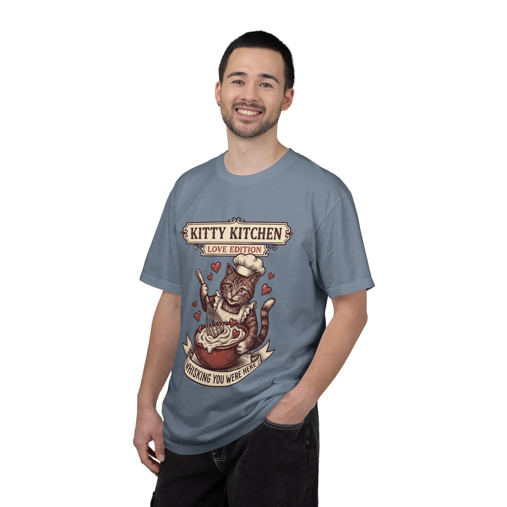 Kitty Kitchen Love T-Shirt | Vintage Cat Chef Whisking You Were Here Graphic Tee