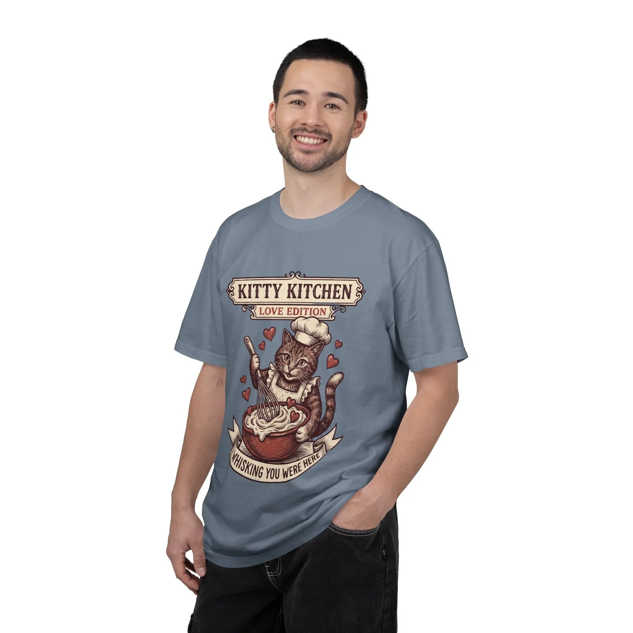 Kitty Kitchen Love T-Shirt | Vintage Cat Chef Whisking You Were Here Graphic Tee