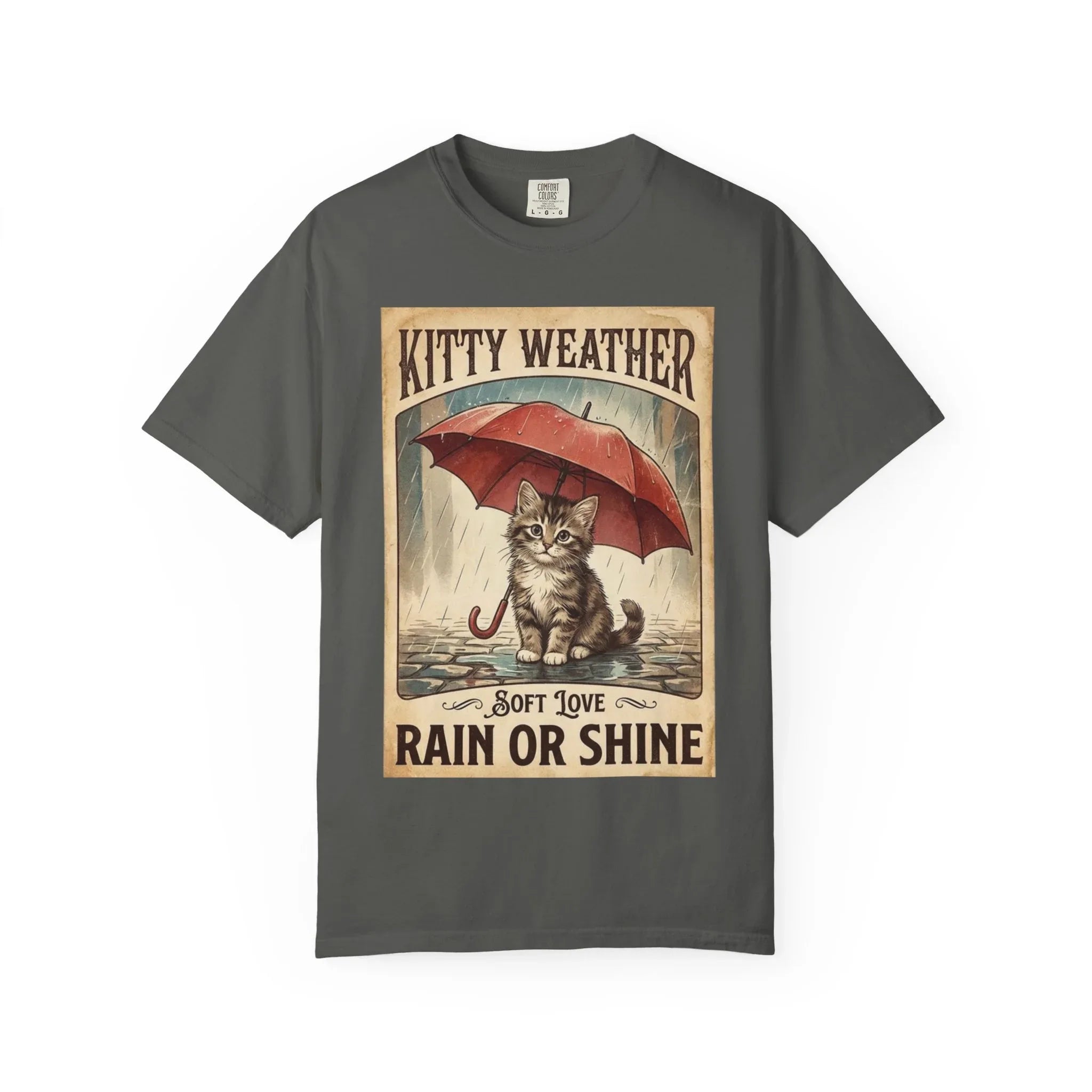 Kitty Weather Rain or Shine Shirt, Umbrella Cat Vintage Poster T-Shirt, Cozy Rainy Day Kitten Tee, Retro Cat Lover Gift Pepper