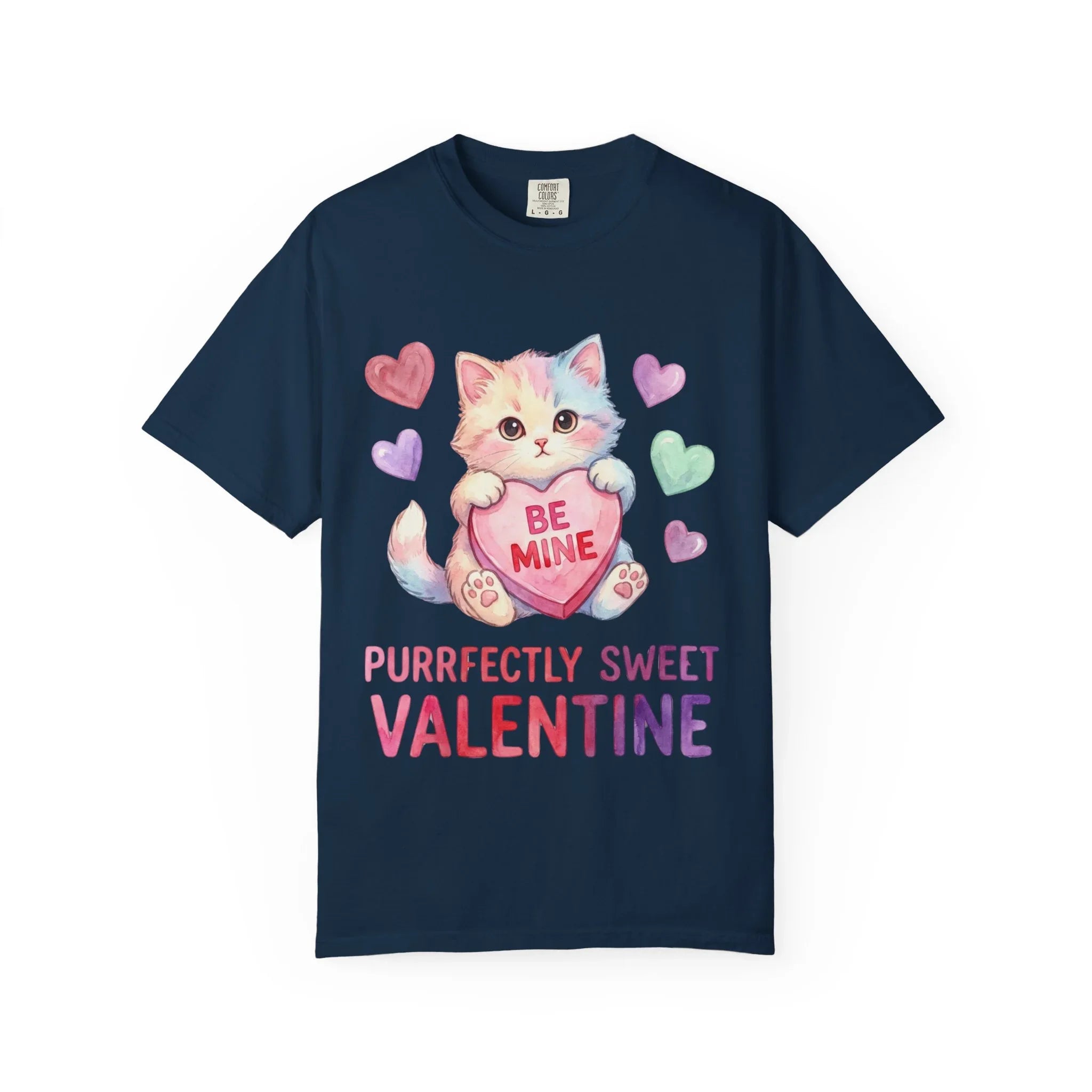 Purrfectly Sweet Valentine Cat T-Shirt | Be Mine Heart Design | Cute Pastel Kitten Tee | Cozy Romantic Gift for Cat Lovers True Navy