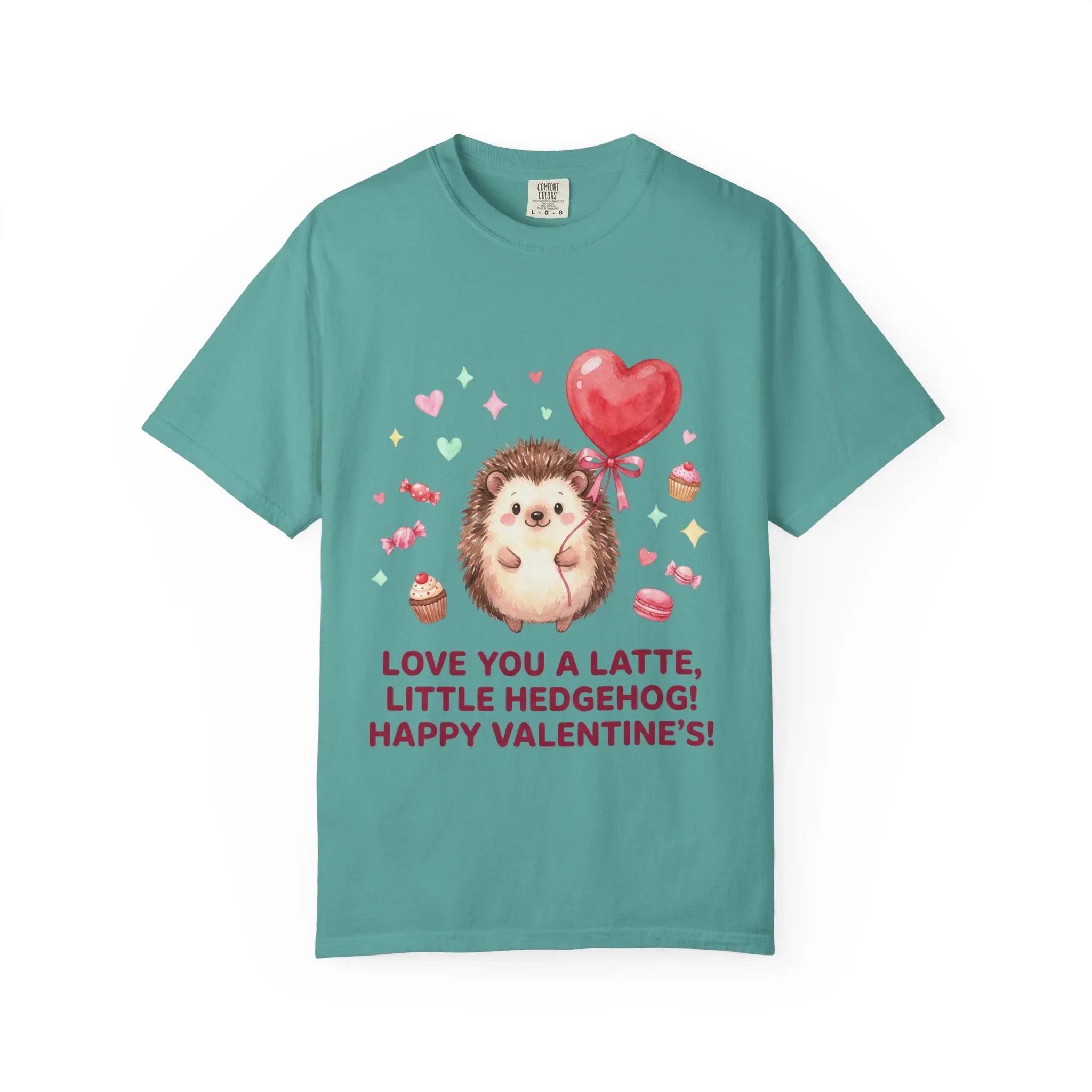 Love You A Latte Hedgehog T Shirt Cute Watercolor Heart Balloon Valentine Cozy Vintage Aesthetic Gift Animal Lovers Soft Cotton Romantic Tee Seafoam