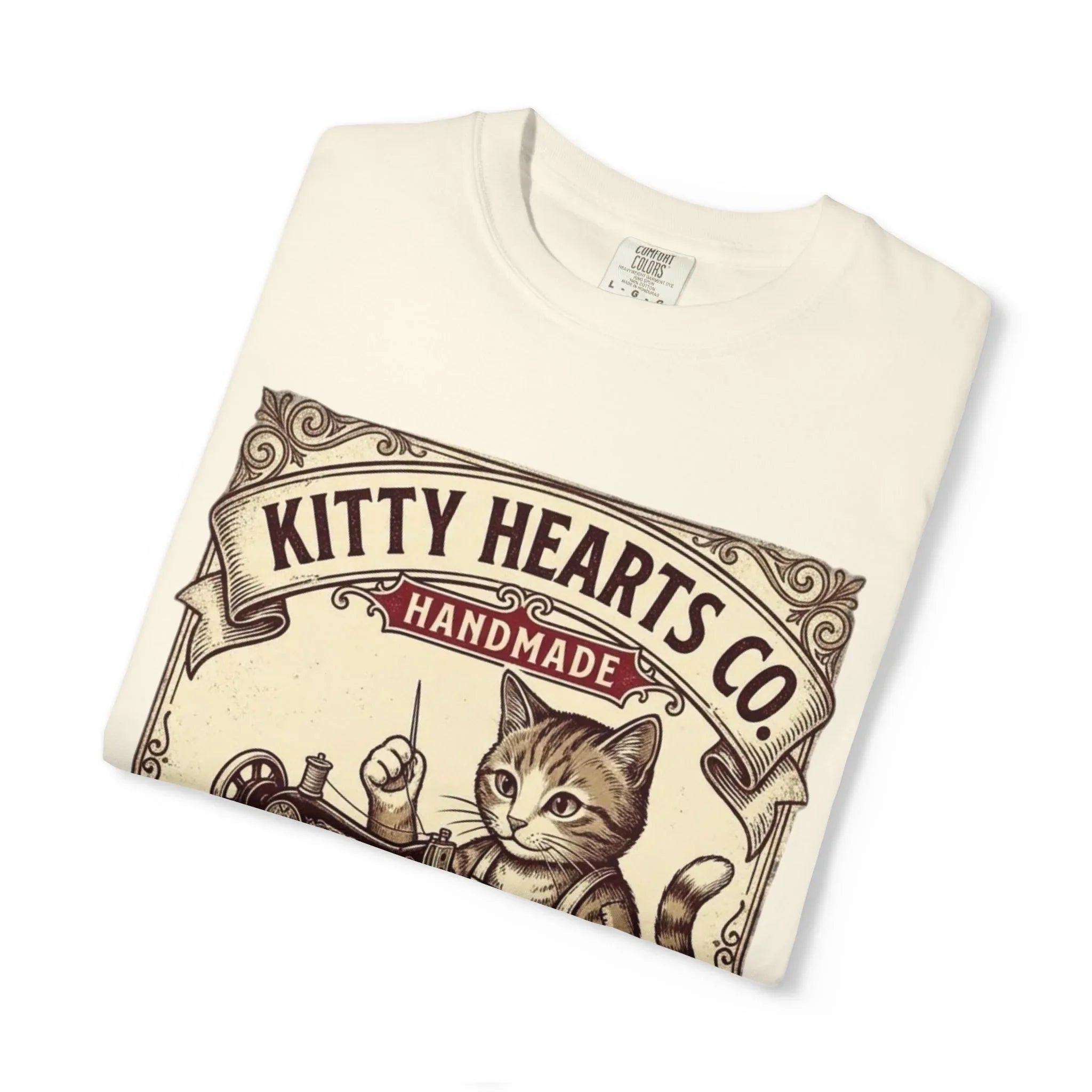 Kitty Hearts Co T-Shirt | Vintage Sewing Cat Made With Purr Graphic Tee | Retro Craft Lover Gift