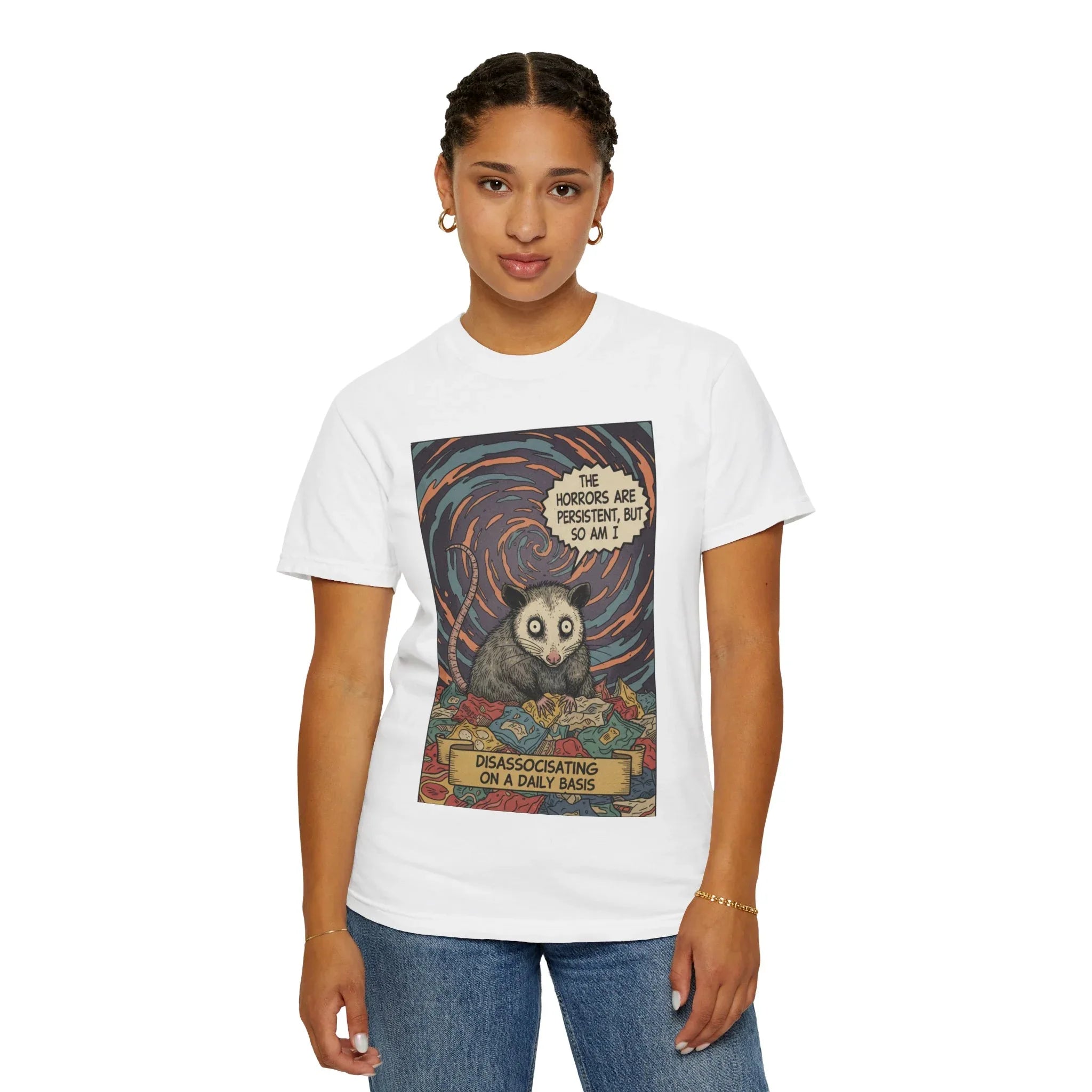 Funny Opossum Shirt - "The Horrors Are Persistent But So Am I" T-Shirt - Dissociating Daily Meme Tee - Retro Possum Art Weirdcore Graphic - Sarcastic Mental Health Apparel