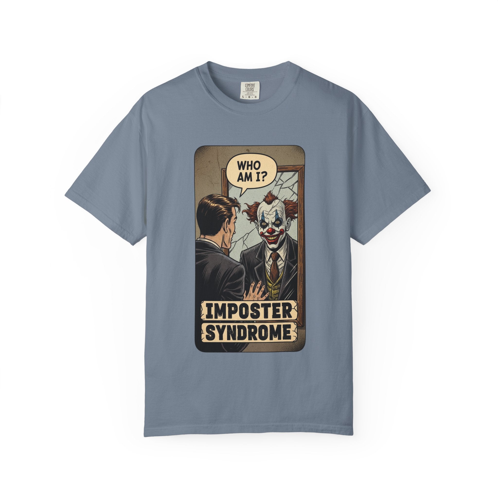 Imposter Syndrome Shirt Vintage Clown Mirror Tee Funny Mental Health Graphic T-Shirt Sarcastic Retro Who Am I Top Corporate Humor Gift Blue Jean