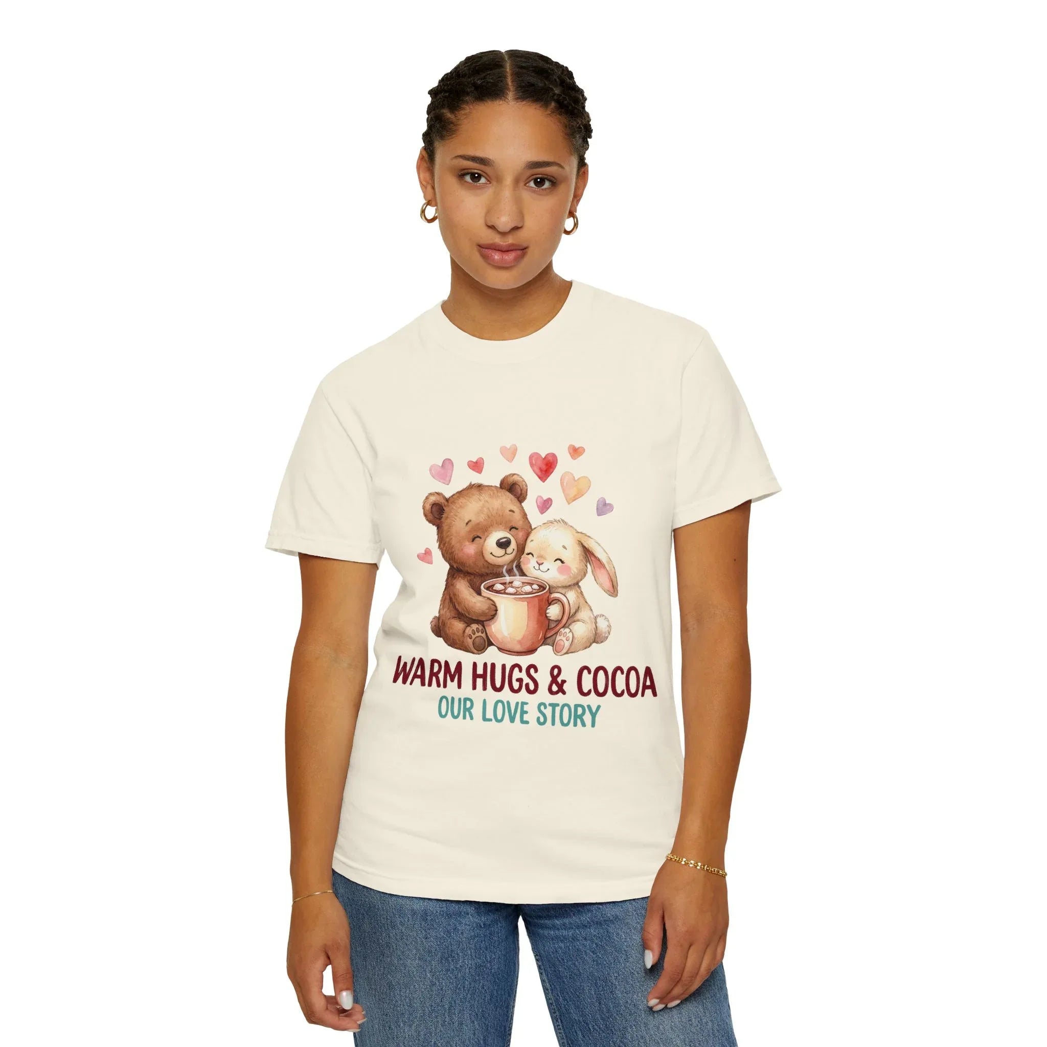 Warm Hugs and Cocoa Our Love Story T-Shirt | Bear Bunny Illustration | Cozy Winter Valentine Gift | Soft Vintage Storybook Tee Ivory