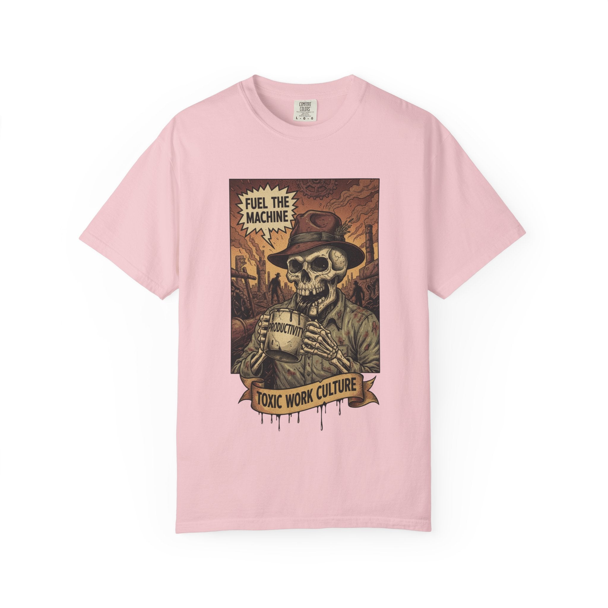 Fuel The Machine Shirt Vintage Skeleton Graphic Tee Anti Work Culture Satire Gift Funny Productivity Burnout T-Shirt Retro Industrial Grunge Blossom