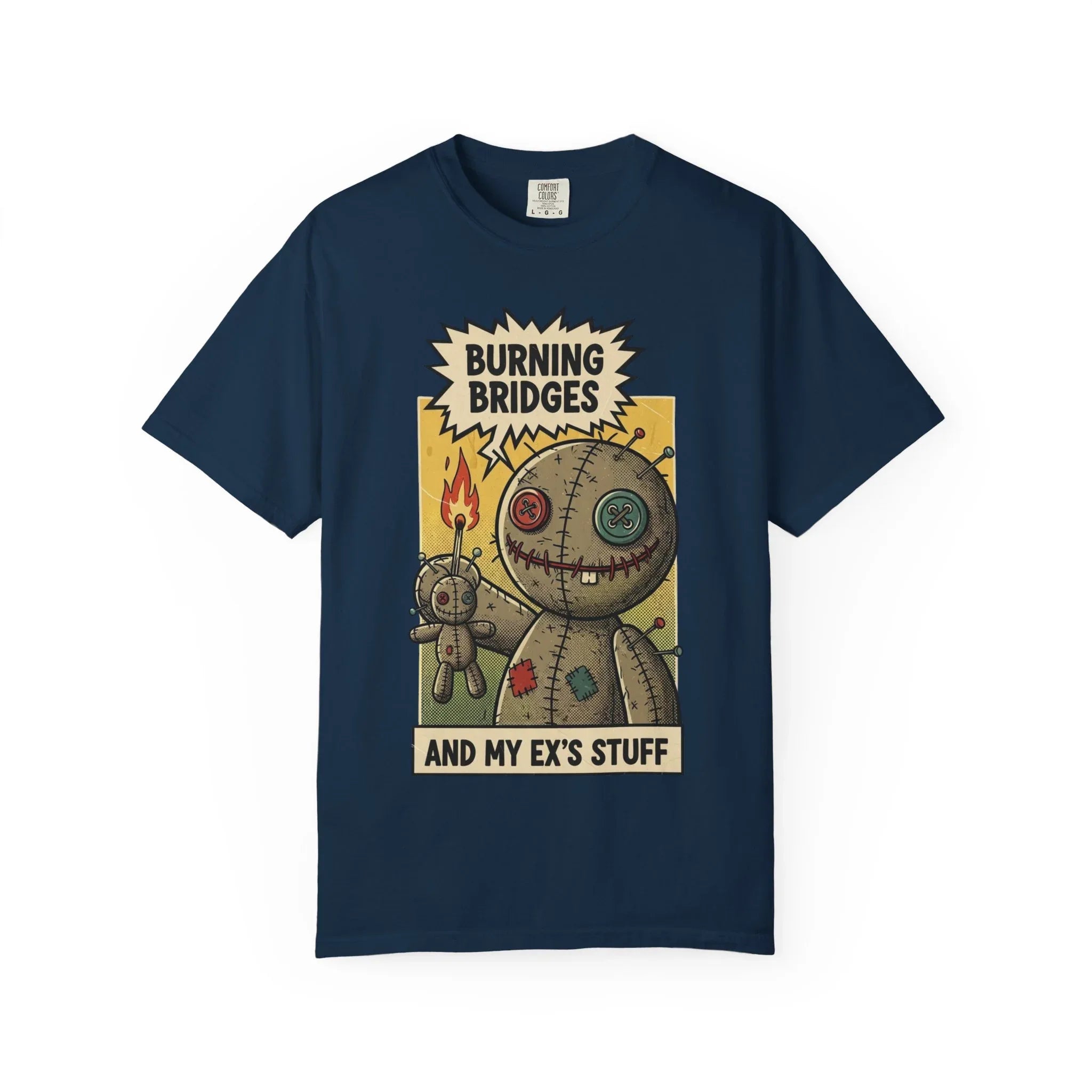 Burning Bridges Funny Breakup Shirt - Vintage Voodoo Doll Graphic Tee - Sarcastic Ex-Relationship T-Shirt - Retro Comic Dark Humor Gift - Mid-Century Aesthetic Streetwear True Navy