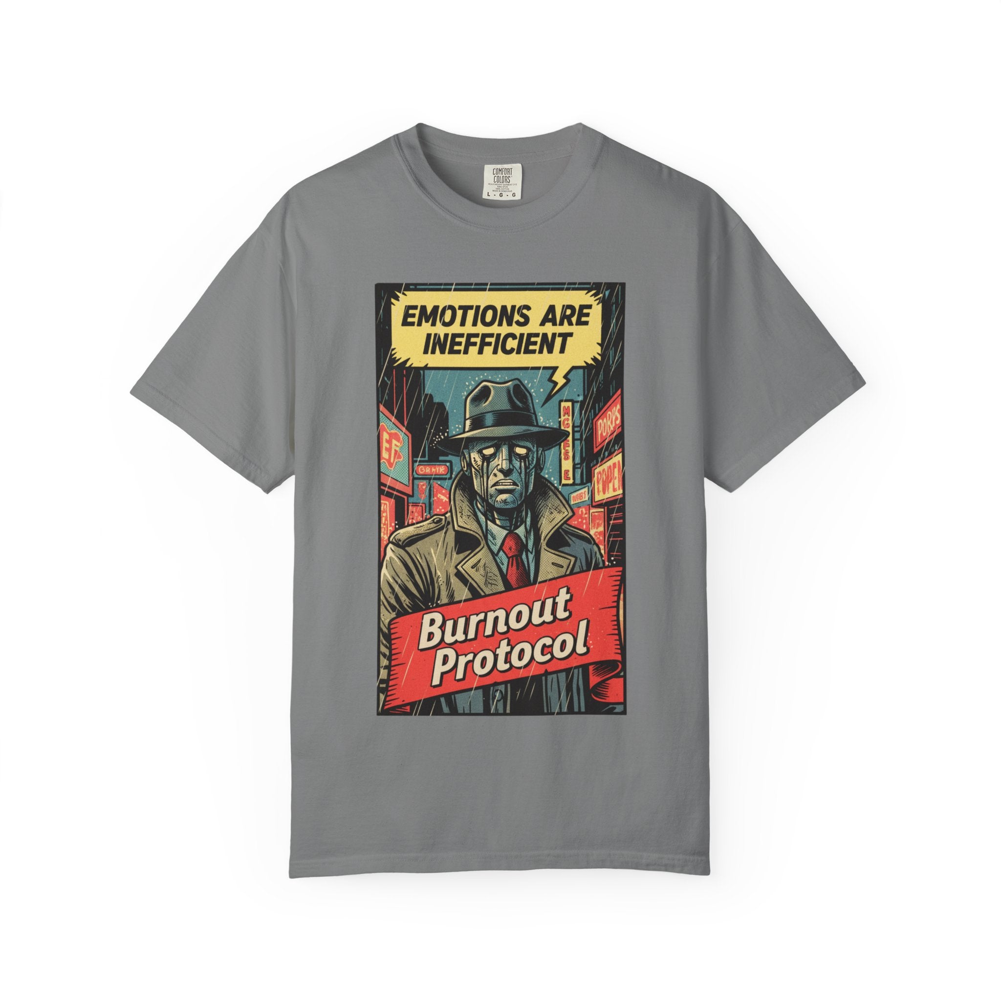 Burnout Protocol Vintage Comic Shirt Retro Robot Detective Graphic Tee Sarcastic Android Art Gift for Tech Workers Software Engineer Noir Grey