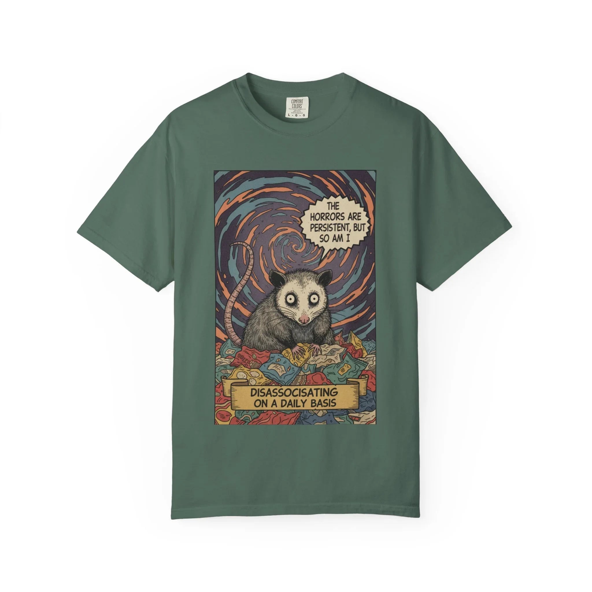 Funny Opossum Shirt The Horrors Are Persistent But So Am I T-Shirt Dissociating Daily Meme Gift Retro Possum Art Weirdcore Graphic Tee Blue Spruce