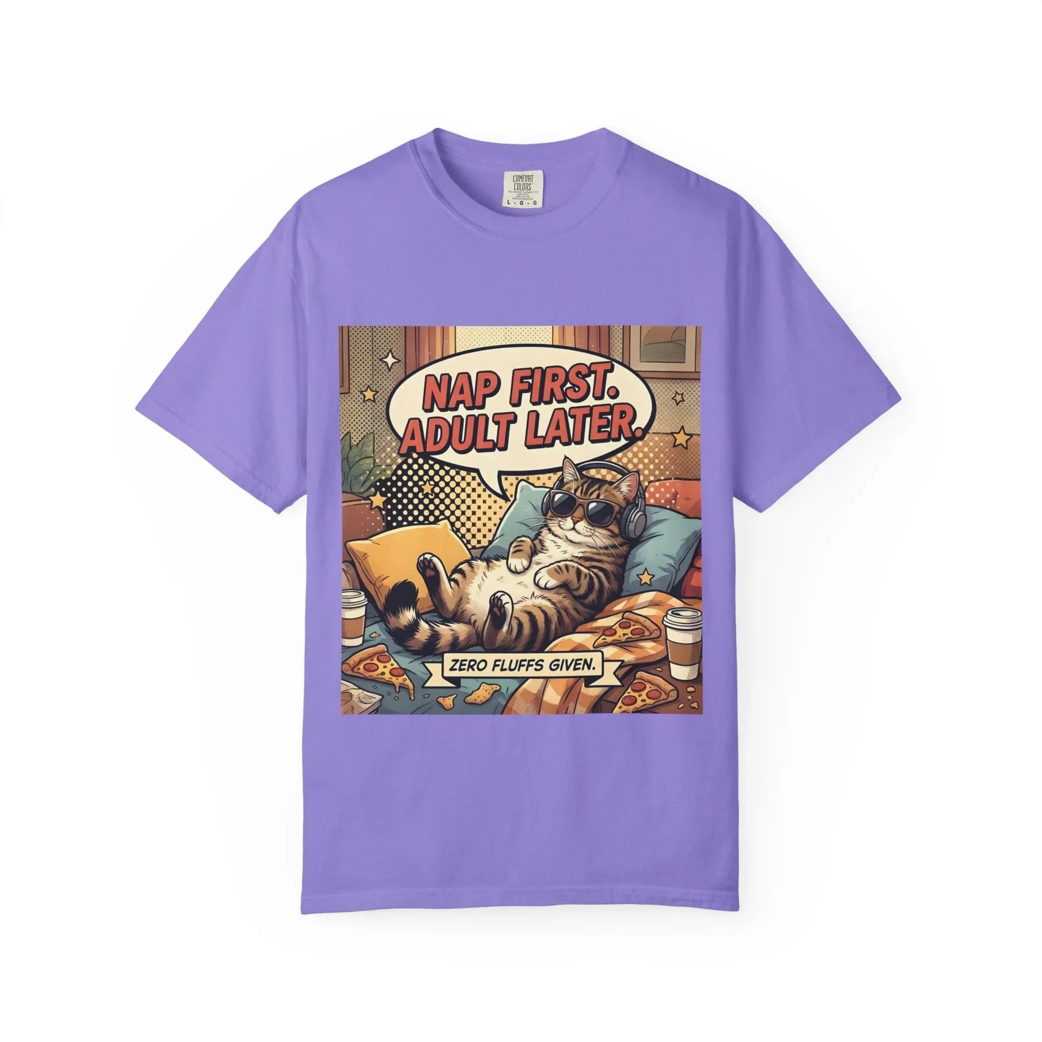 Nap First Adult Later T-Shirt | Retro Cat Comic Lazy Illustration | Cozy Humor Gift | Vintage Anti Adulting Tee Violet