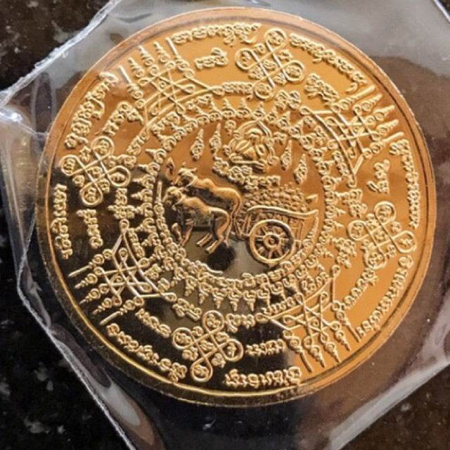 Golden Wealth Medallion – “7 Bullock Carts” Edition by Luang Pu Maha Sombat, Wat Khao Makok (Gold-Plated Sacred Coin) - Thai Blessing Co