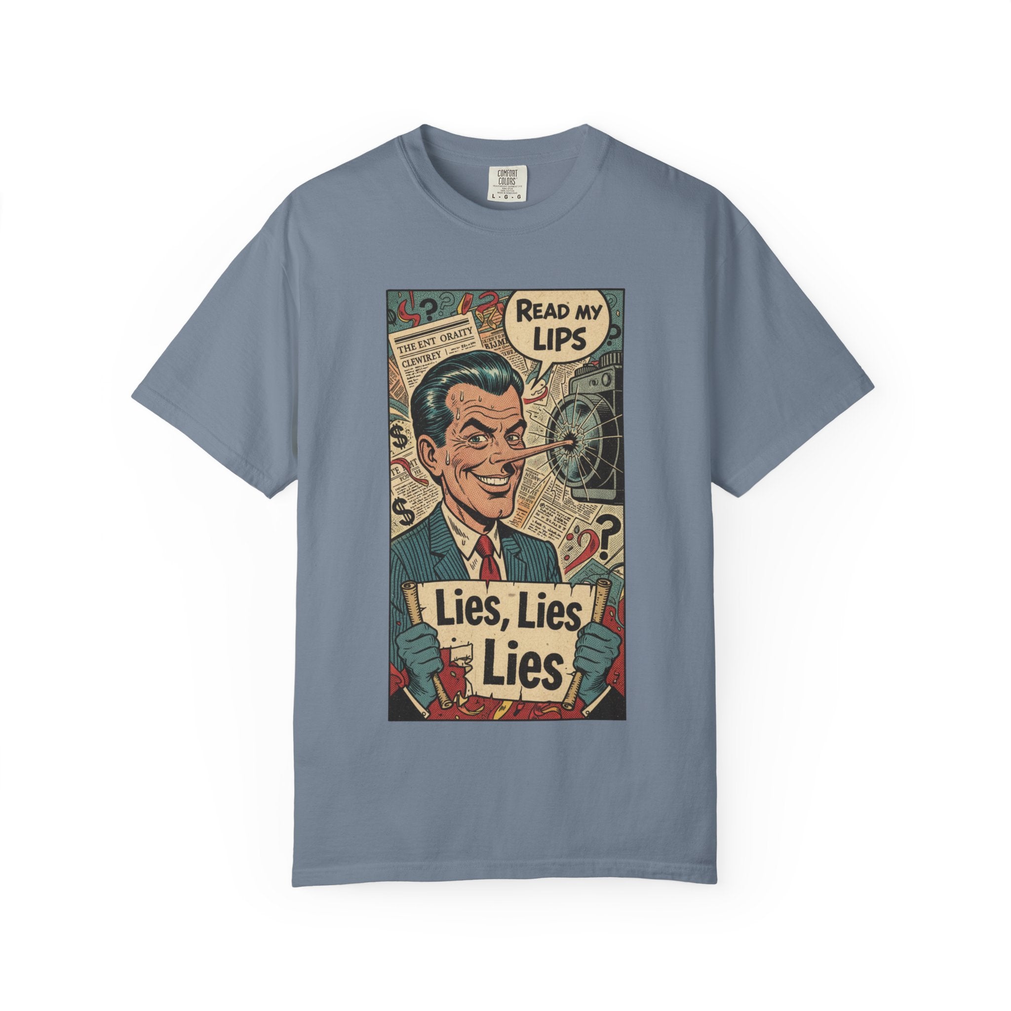 Lies Lies Lies T-Shirt - Read My Lips Satire Tee - Funny Pinocchio Political Shirt - Vintage Comic Graphic - Sarcastic Truth Tee Blue Jean