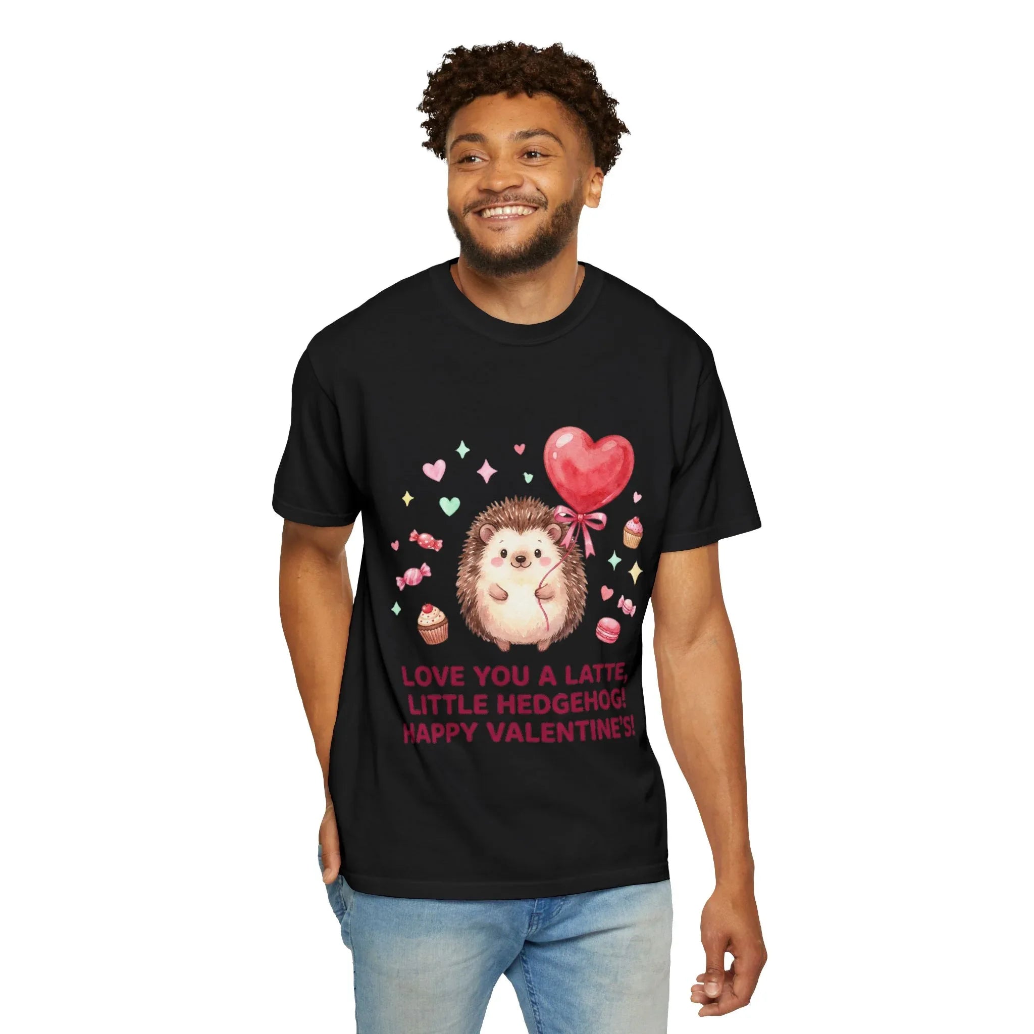 Love You A Latte Hedgehog T Shirt Cute Watercolor Heart Balloon Valentine Cozy Vintage Aesthetic Gift Animal Lovers Soft Cotton Romantic Tee Black