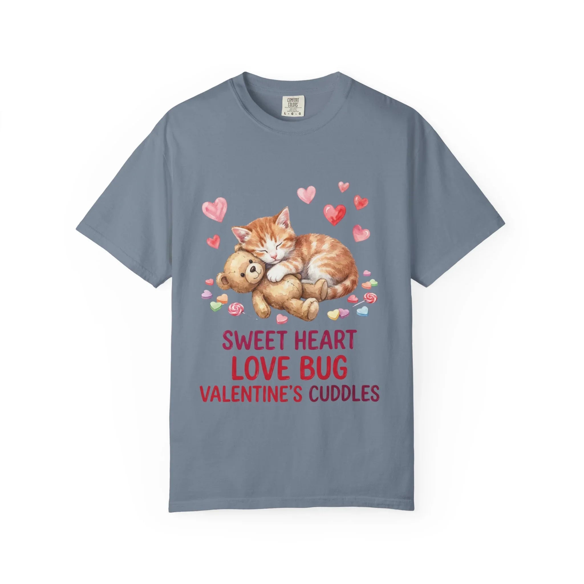 Sleeping Kitten with Teddy Bear Valentine T-Shirt | Sweetheart Love Bug Cuddles | Cozy Vintage Aesthetic | Cute Romantic Gift Blue Jean