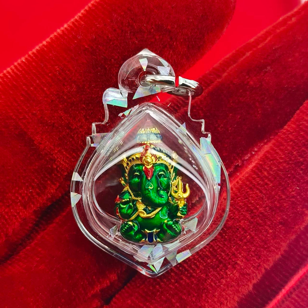 Phra Sri Siddhiya Ganapati Gold-Plated Bronze Statue with Green Enamel Finish